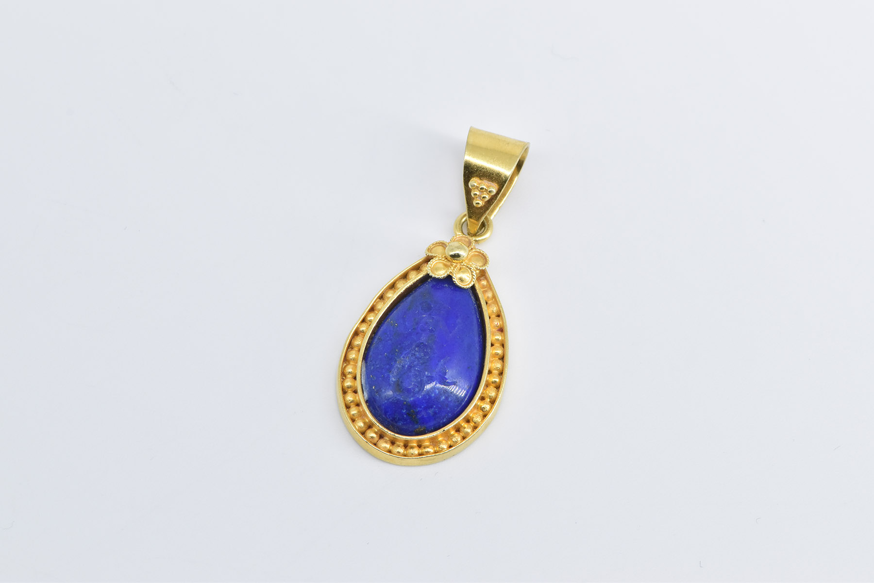 18K Carved Lapis Lazuli Mermaid Pear Ornate Yellow Gold Pendant