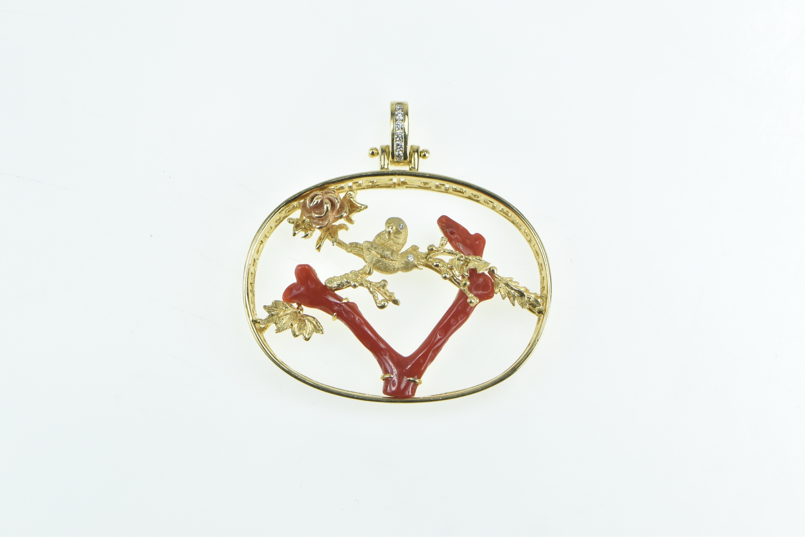 18K Denny Wong Coral Tree Branch Bird Diamond Yellow Gold Pendant
