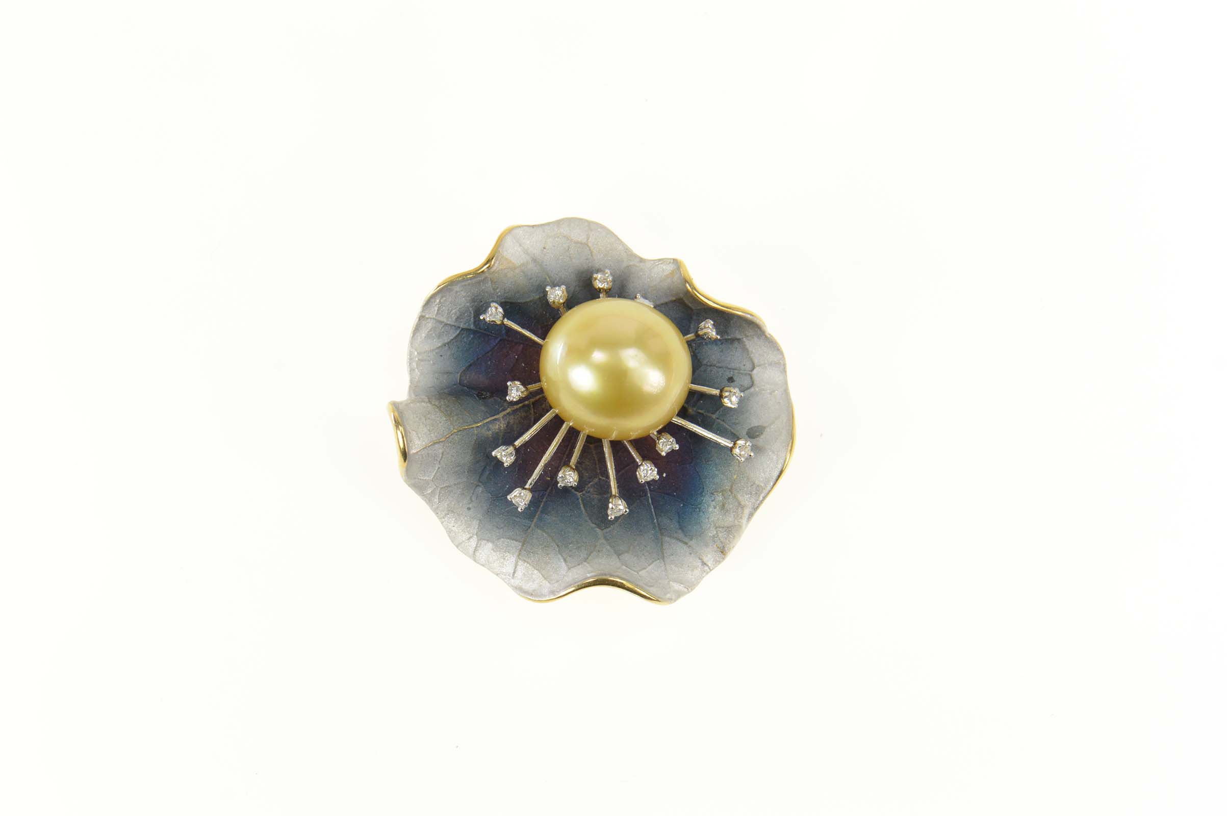 18K Designer Pearl Diamond Lily Pad Leaf Flower Yellow Gold Pendant/Pin