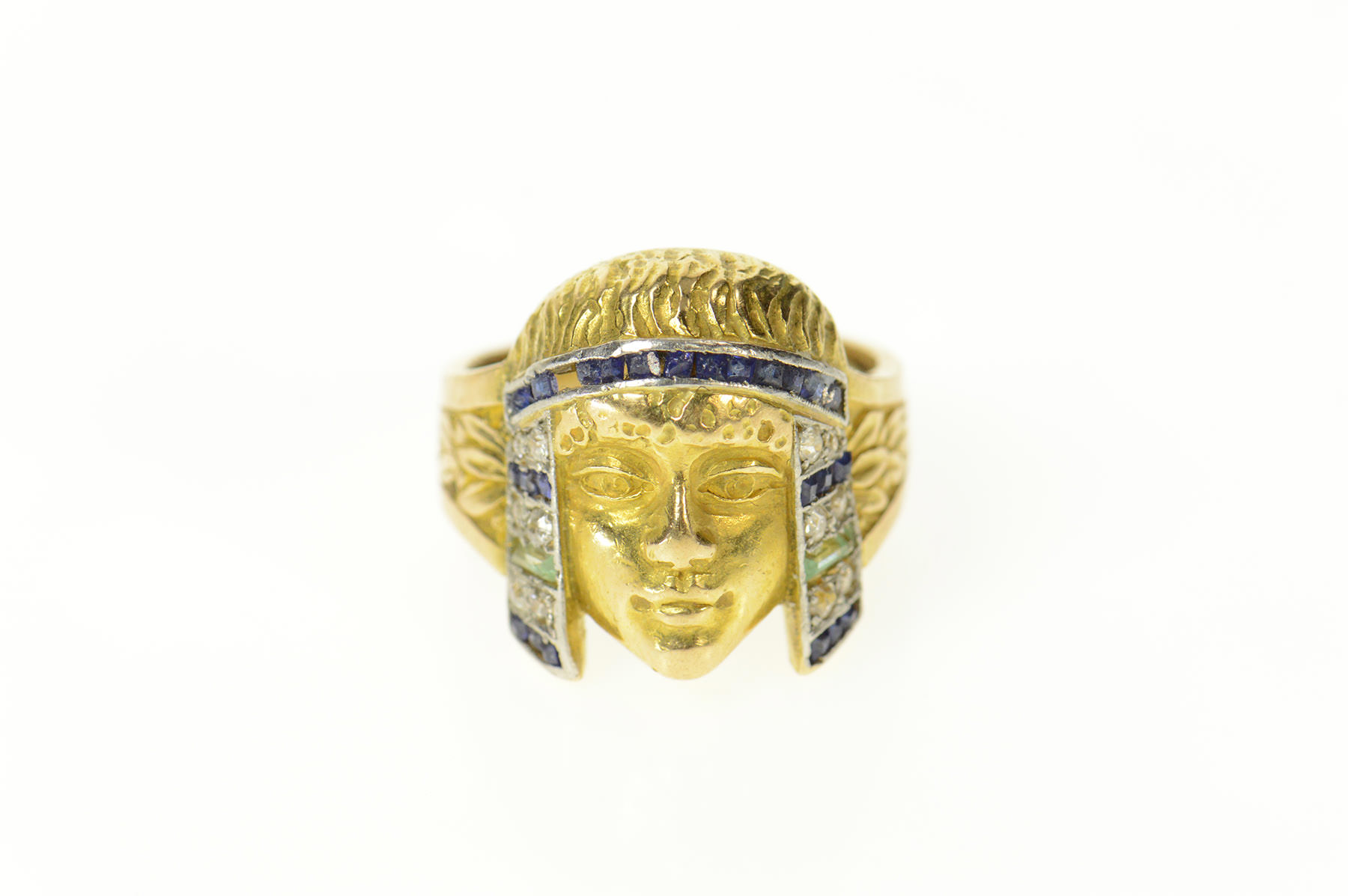 18K Egyptian Diamond Sapphire Emerald Cleopatra Yellow Gold Ring, Size 3.5