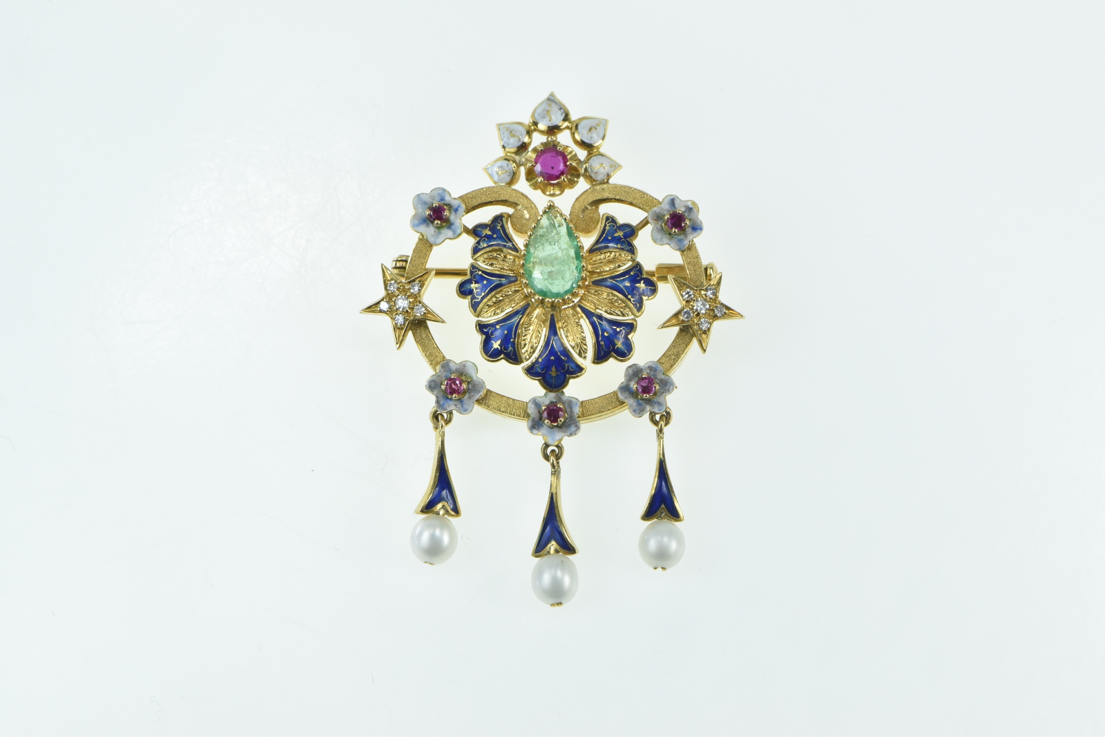18K Elaborate Emerald Enamel Ruby Diamond Fringe Yellow Gold Pendant/Pin
