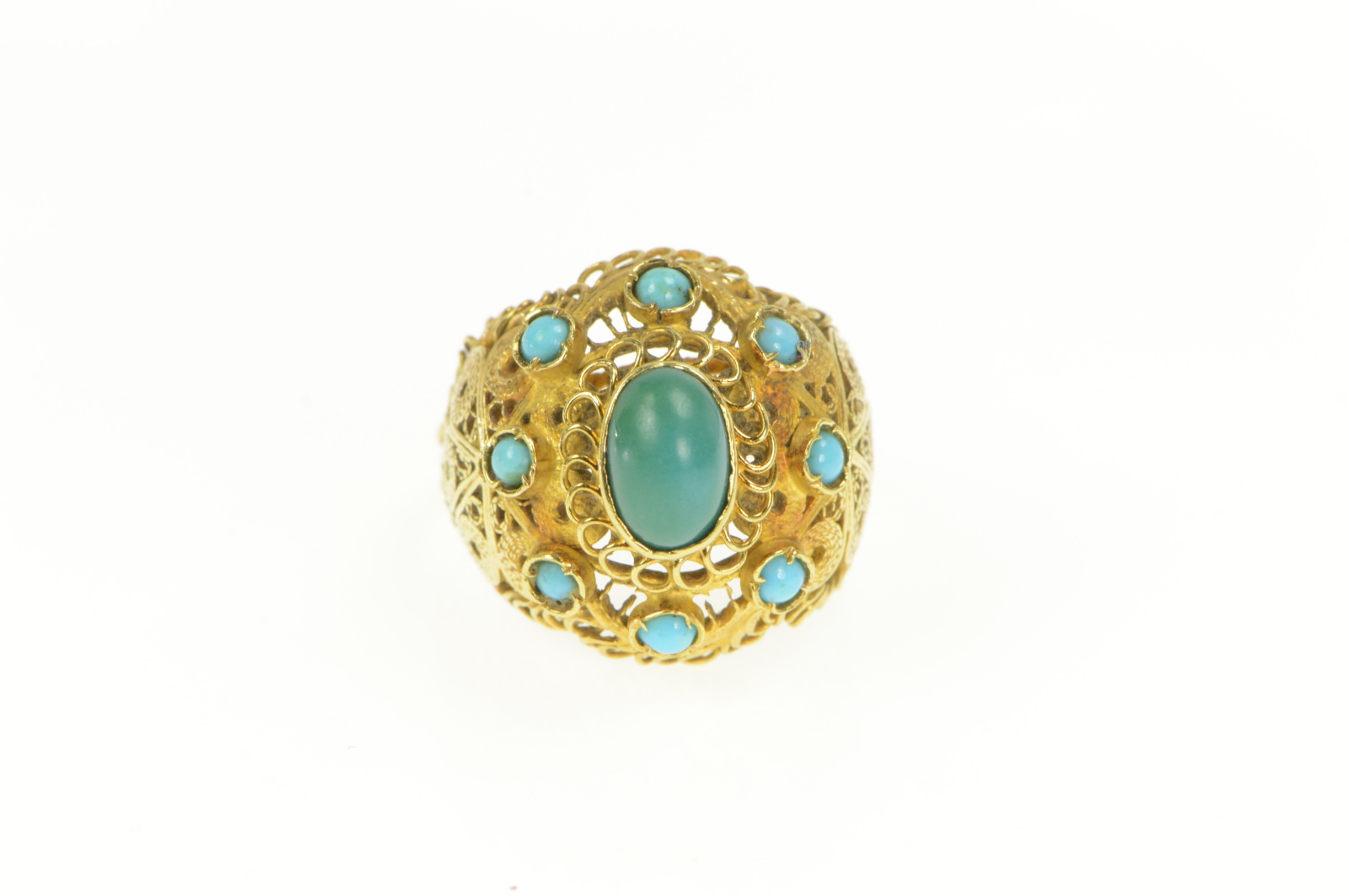 18K Elaborate Turquoise Oval Domed Filigree Yellow Gold Ring, Size 9.75