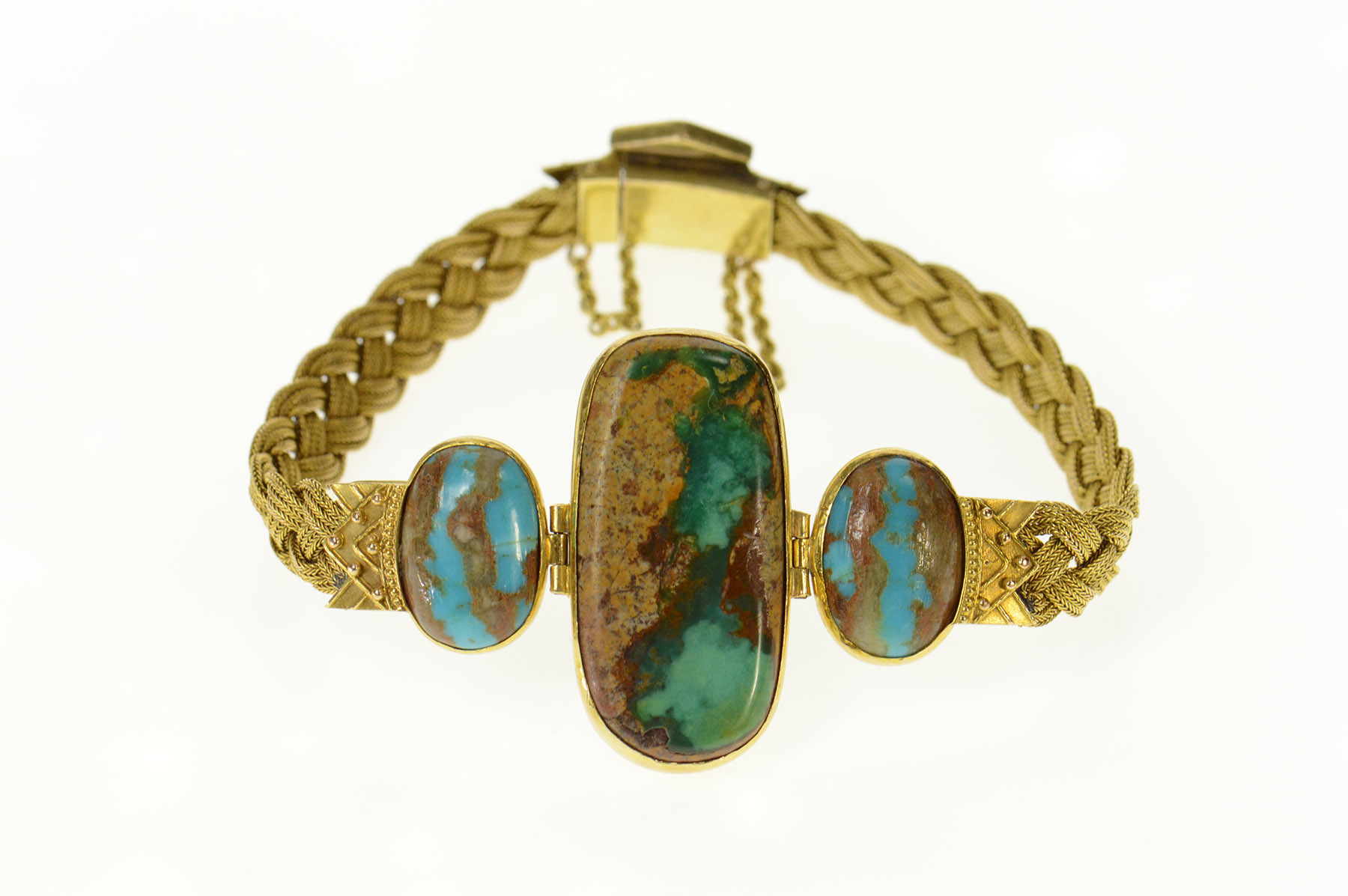 18K Elaborate Turquoise Woven Braided Chain Yellow Gold Bracelet 8"