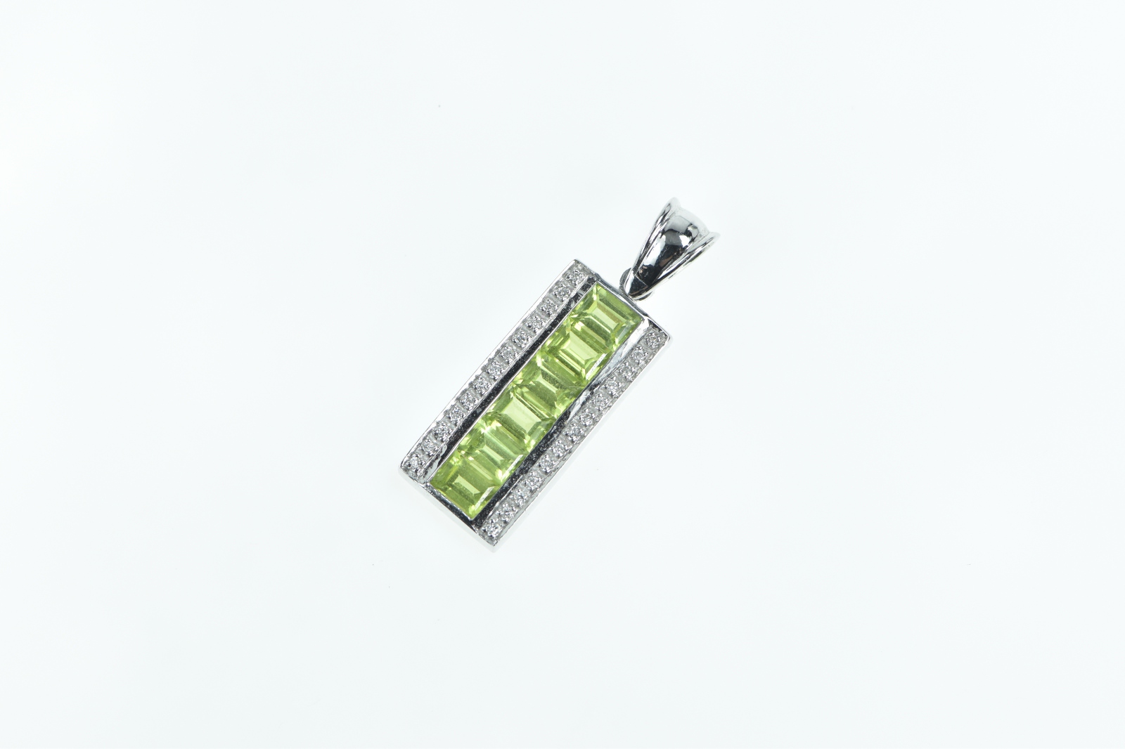 18K Emerald Cut Peridot Diamond Bar White Gold Pendant