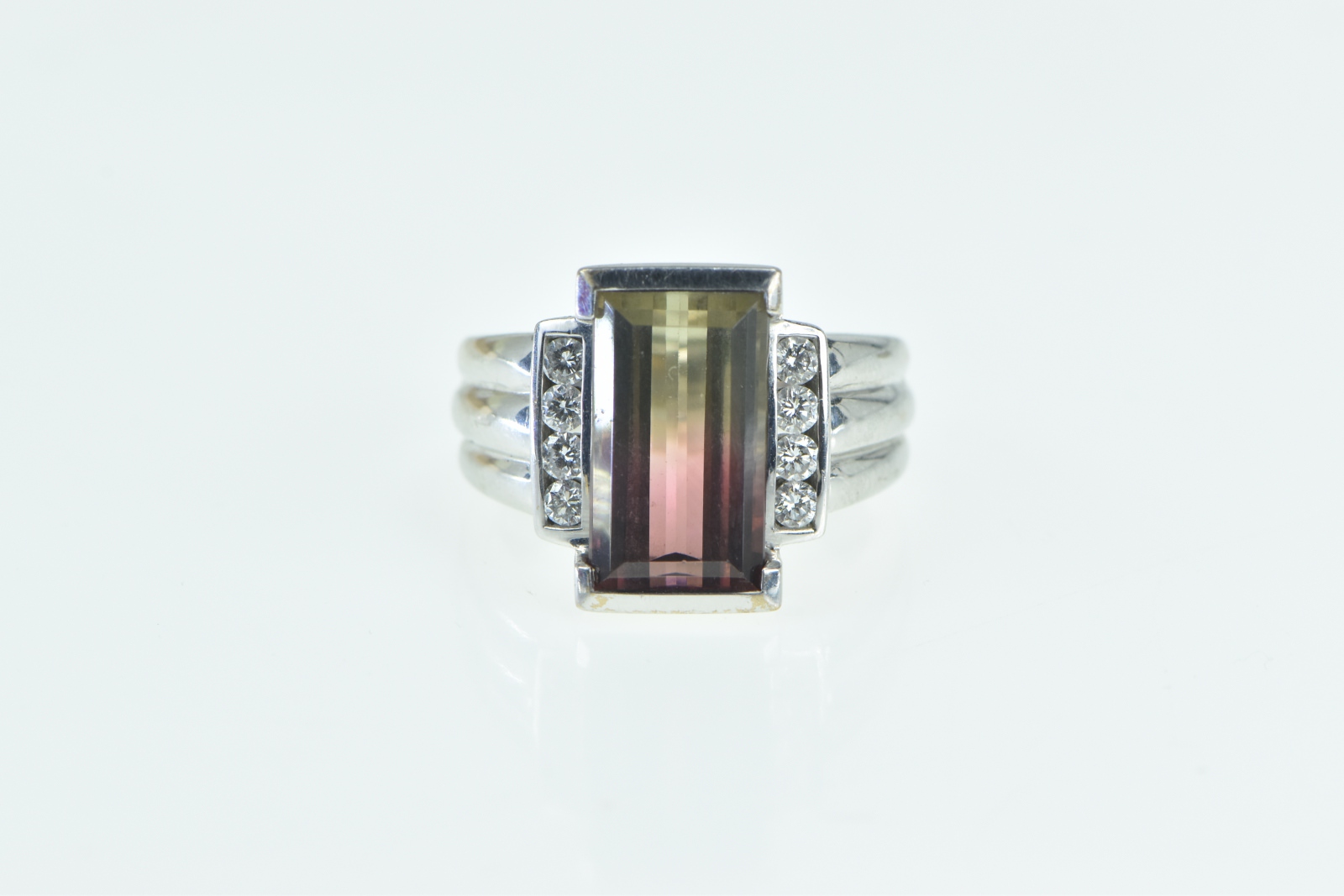 18K Emerald Cut Watermelon Tourmaline Diamond White Gold Ring, Size 5.25