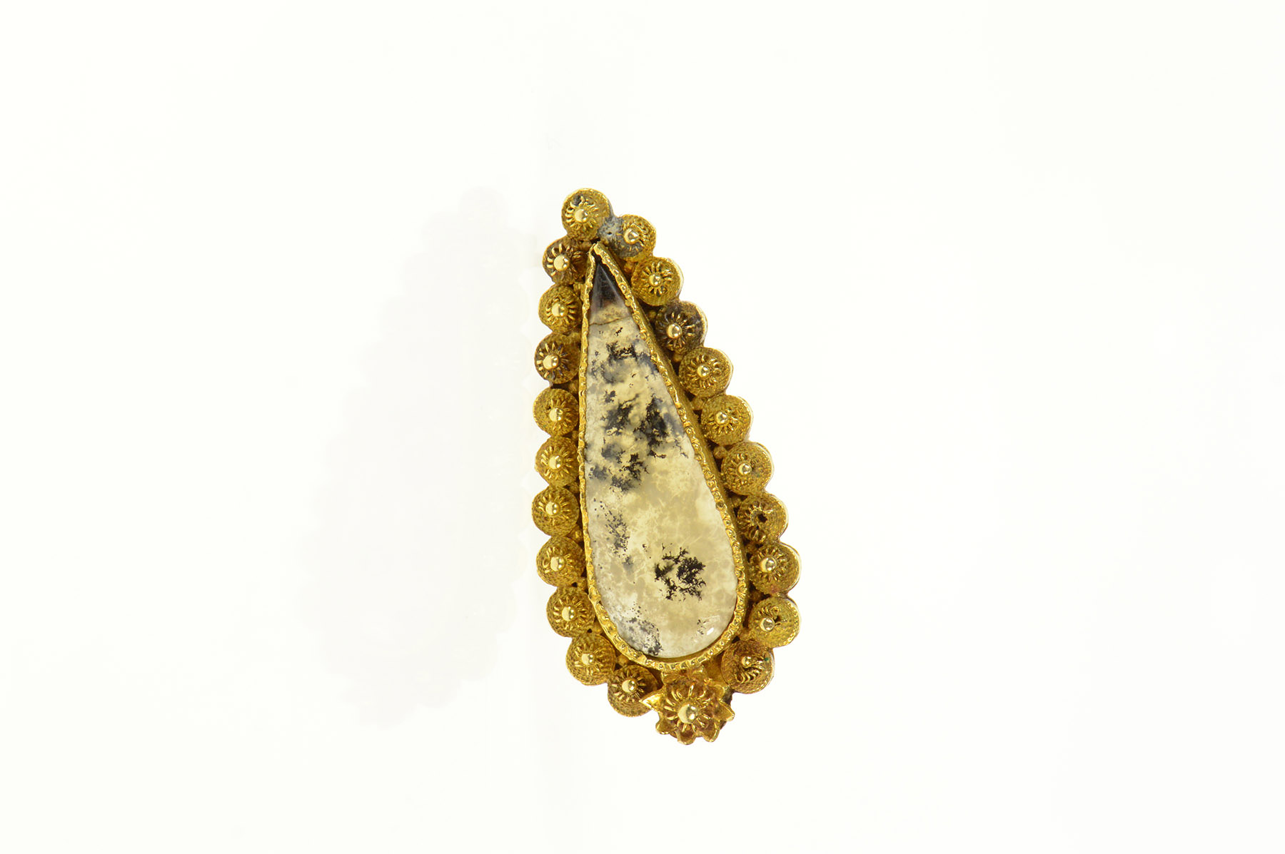 18K Etruscan Revival Dendritic Agate Pear Yellow Gold Pin/Brooch