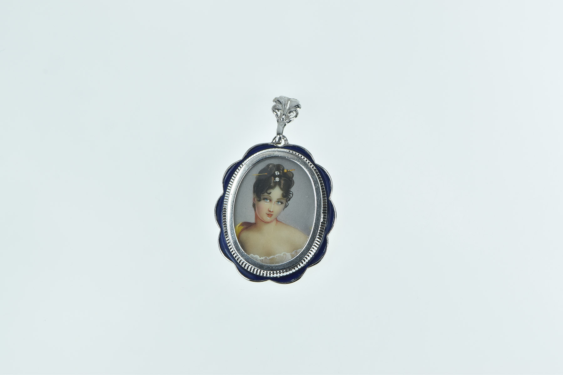 18K Gem Haired Painted Lady Blue Enamel Yellow Gold Pendant/Pin