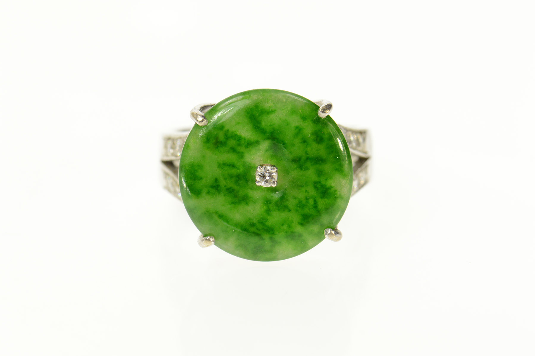 18K Jade Diamond Round Ornate Statement White Gold Ring, Size 8