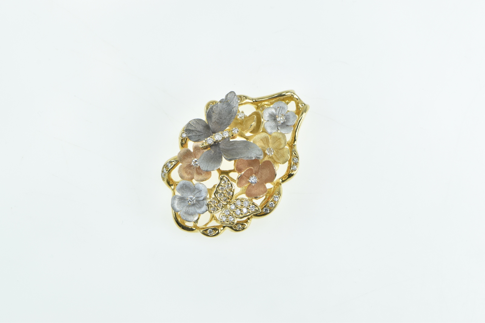 18K JY Designer Diamond Butterfly Flower Statement Yellow Gold Pendant