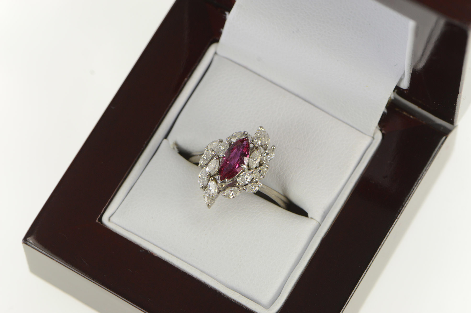 18K Marquise Ruby Diamond Halo Cluster Vintage White Gold Ring, Size 7