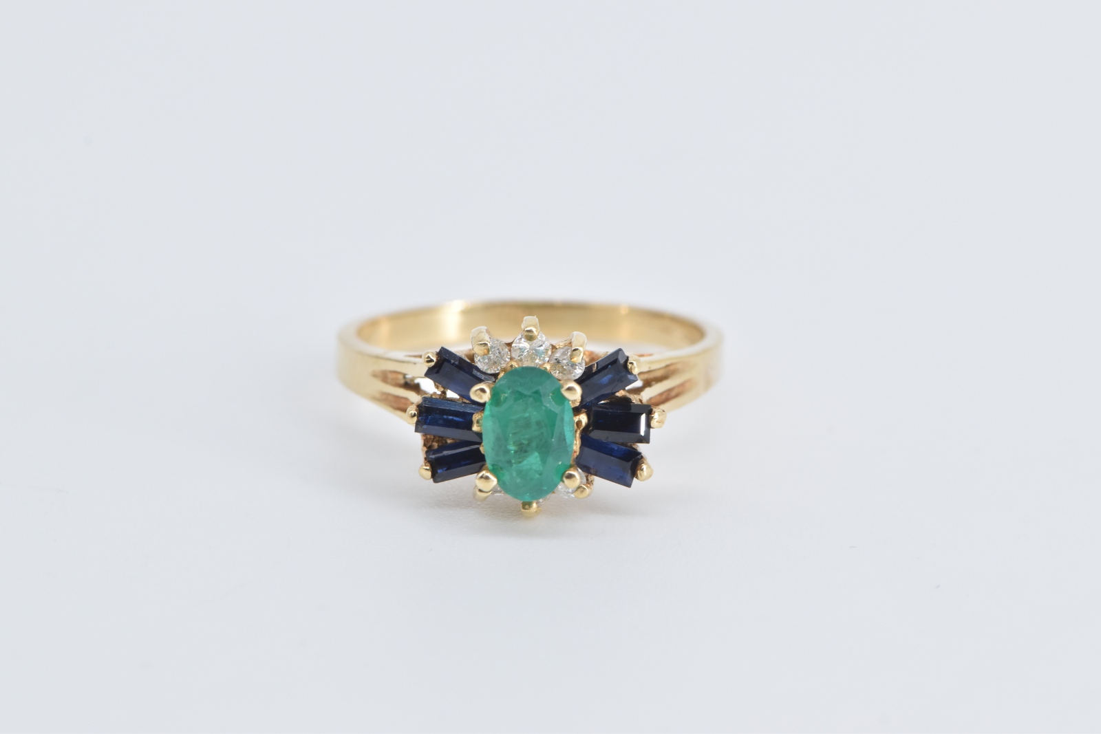 18K Natural Emerald Diamond Baguette Sapphire Yellow Gold Ring, Size 5