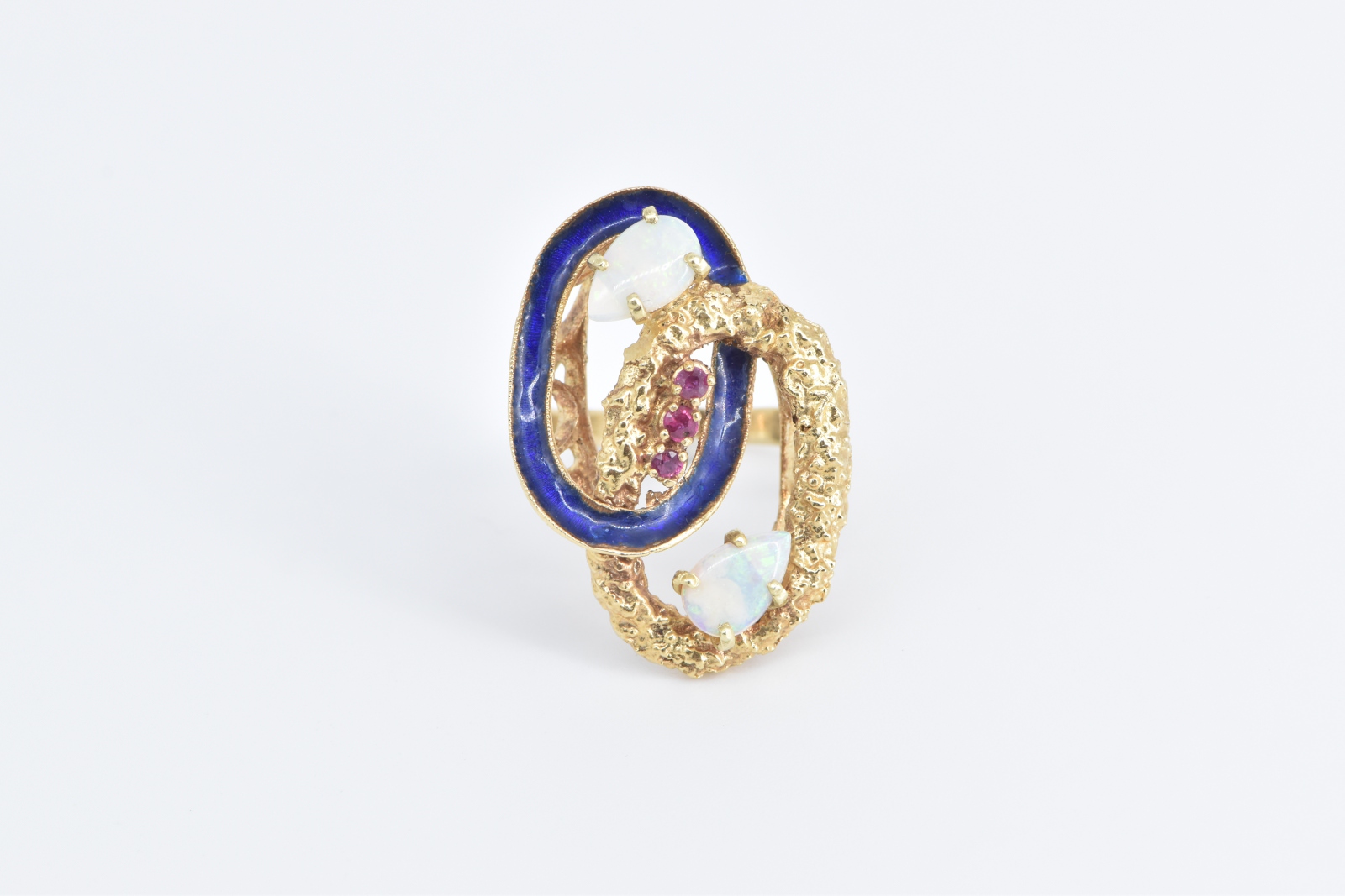 18K Natural Opal Ruby Blue Enamel Nugget Ovals Yellow Gold Ring, Size 7.5