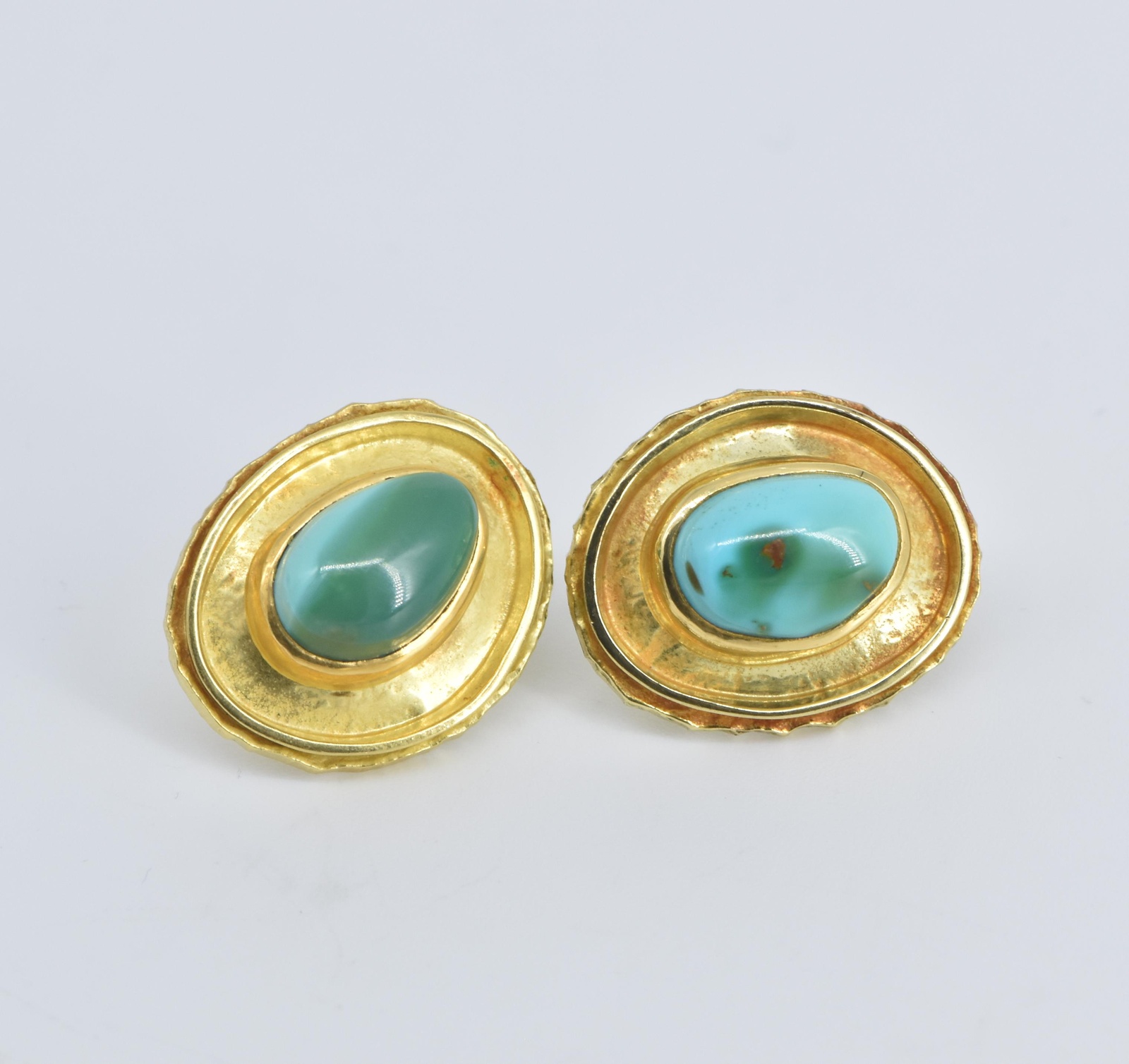 18K Natural Turquoise Ornate Bezel Statement Stud Yellow Gold Earrings