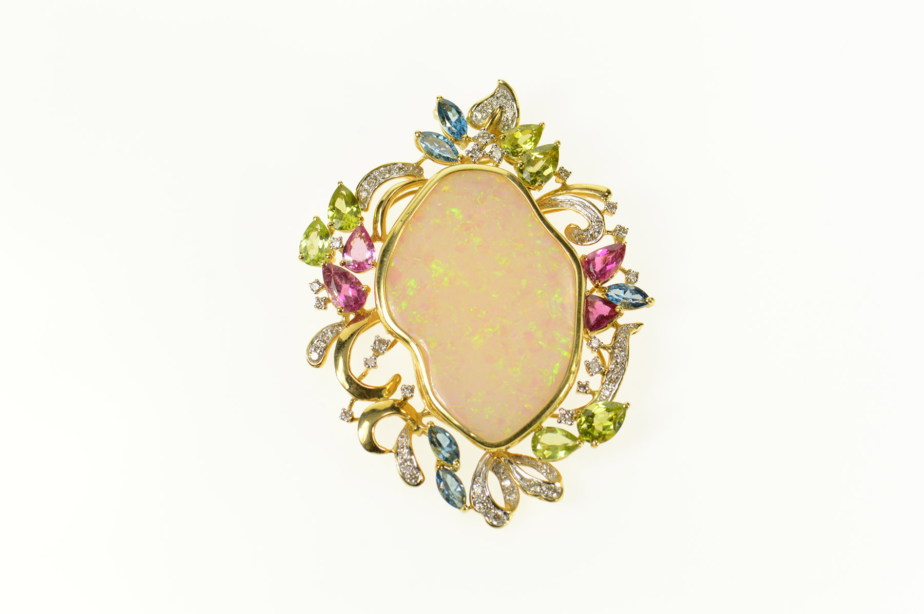 18K Opal Peridot Topaz Tourmaline Diamond Statement Yellow Gold Pendant