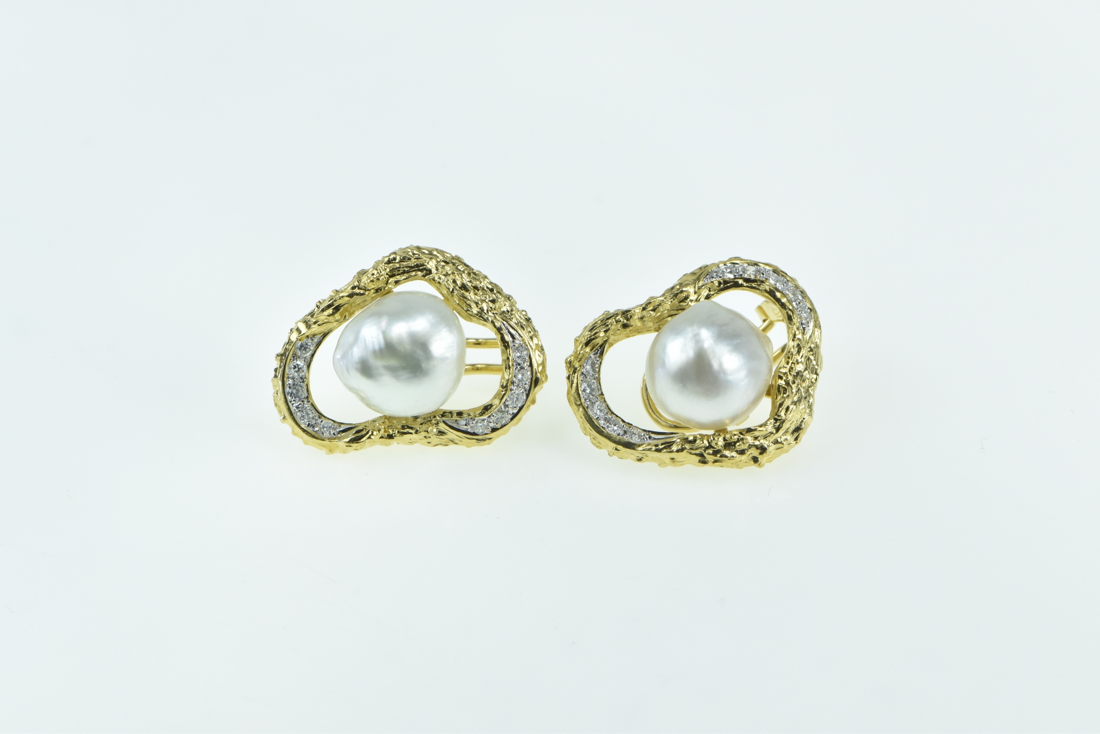 18K Ornate Pearl Diamond Loop French Chip White Gold Earrings