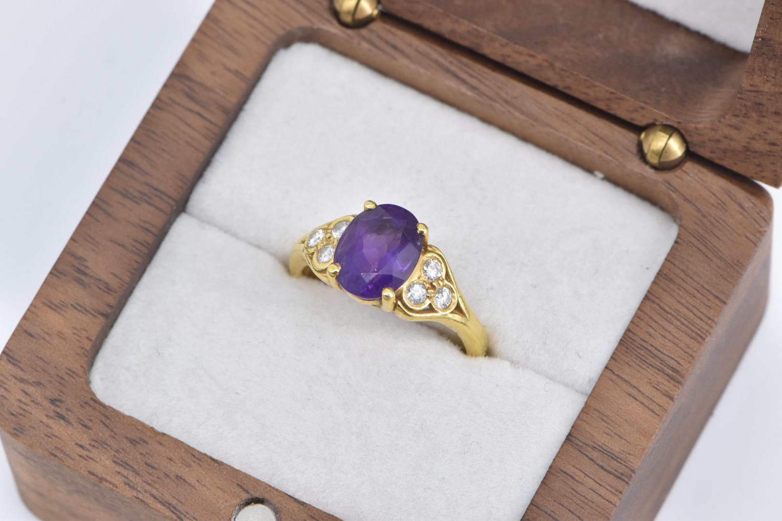18K Oval Amethyst Diamond Cluster Engagement Yellow Gold Ring, Size 6