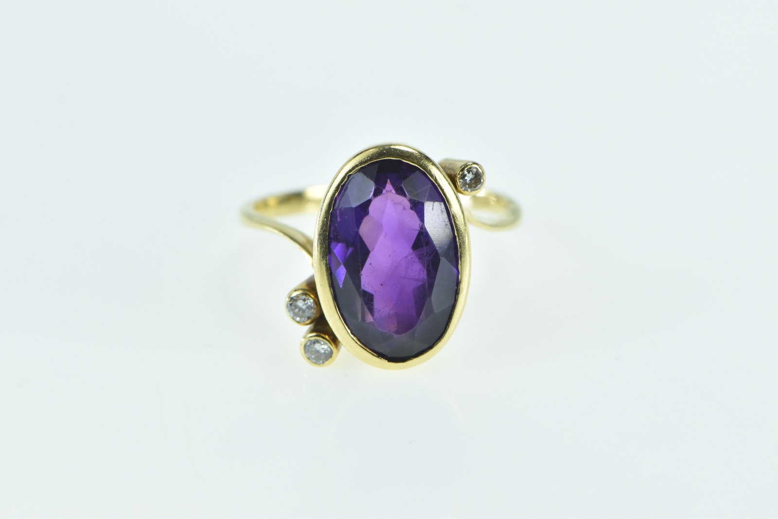 18K Oval Amethyst Diamond Freeform Statement Yellow Gold Ring, Size 8.5