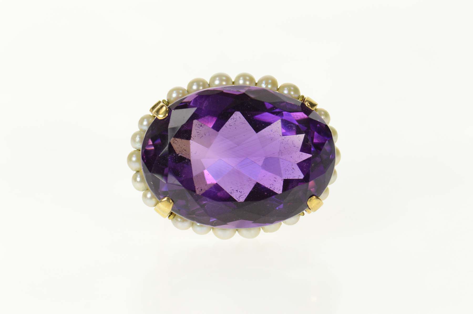 18K Oval Amethyst Pearl Halo Victorian Statement Yellow Gold Pin/Brooch