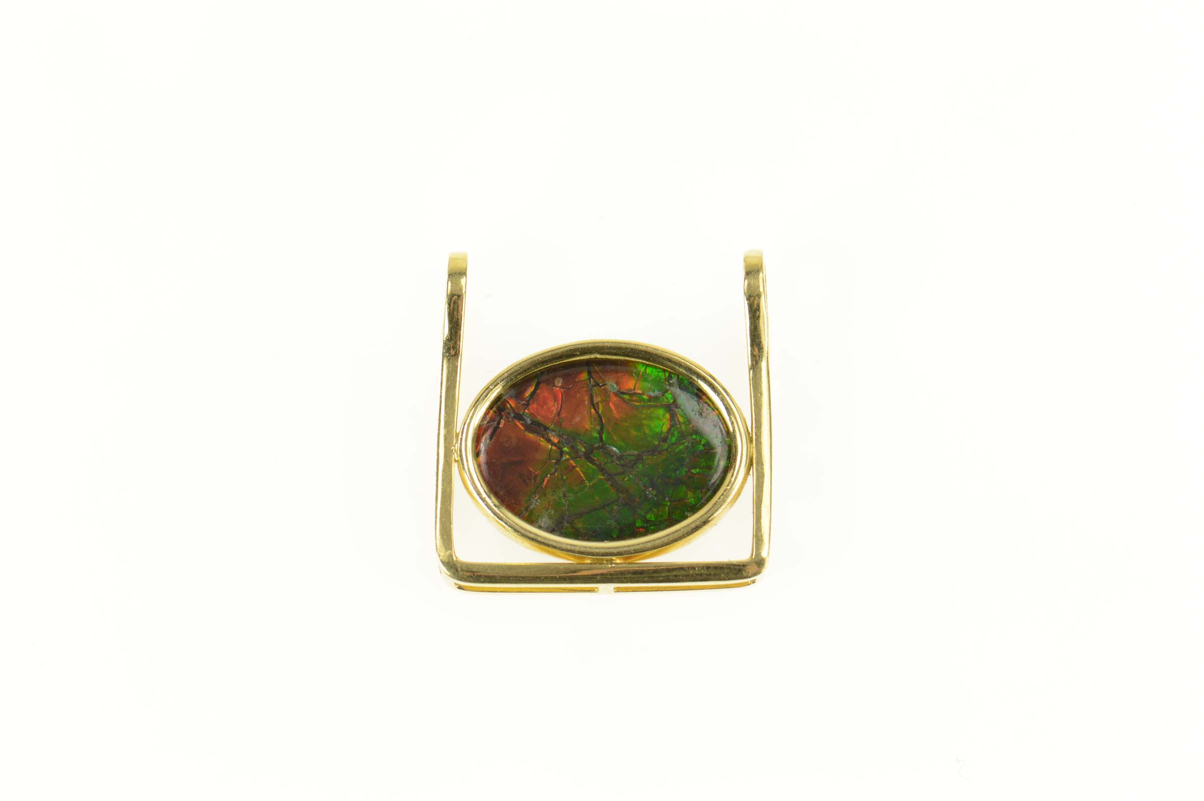 18K Oval Ammolite Squared Artisanal Handmade Yellow Gold Pendant