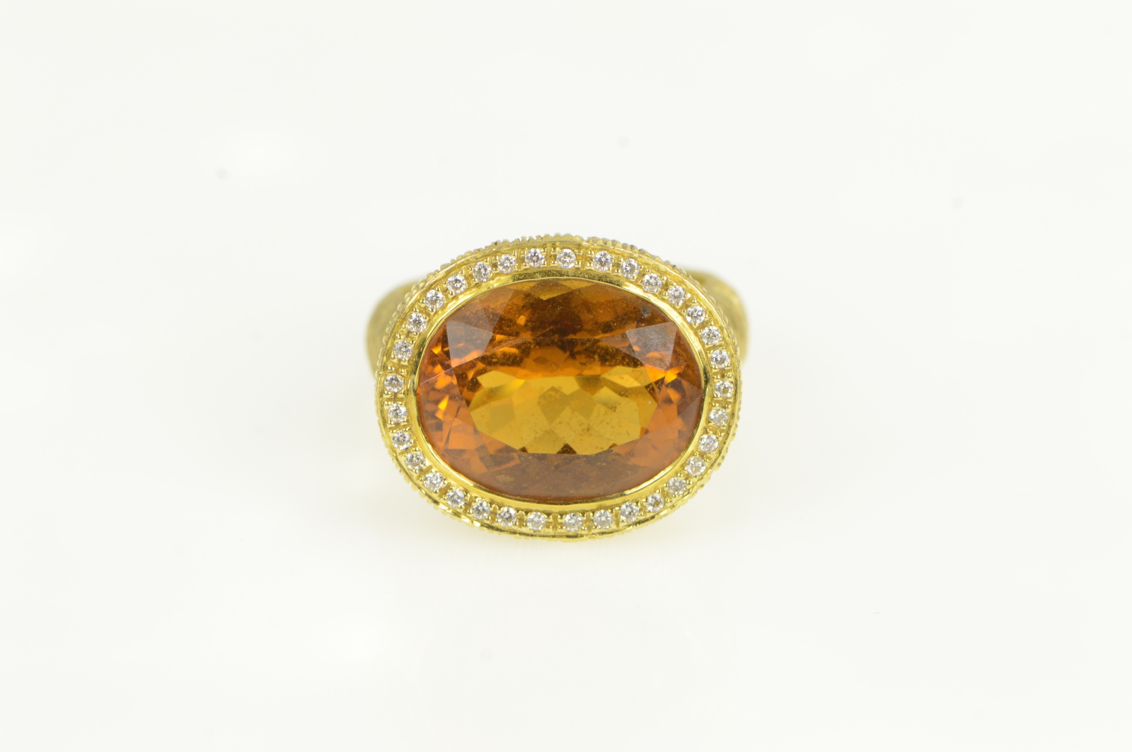 18K Oval Citrine Diamond Halo Elaborate Textured Yellow Gold Ring, Size 5.75