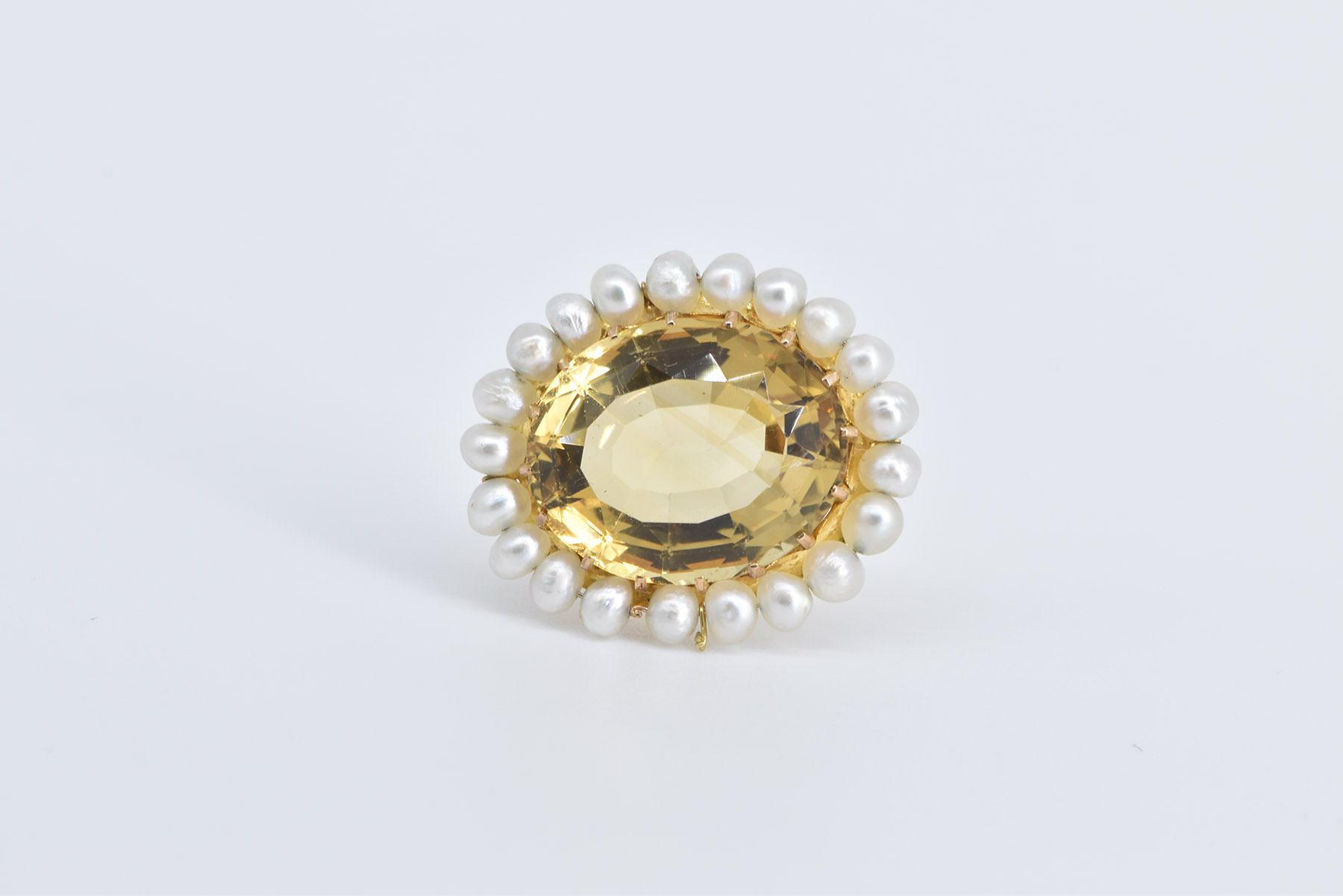 18K Oval Citrine Pearl Halo Vintage Statement Yellow Gold Pin/Brooch