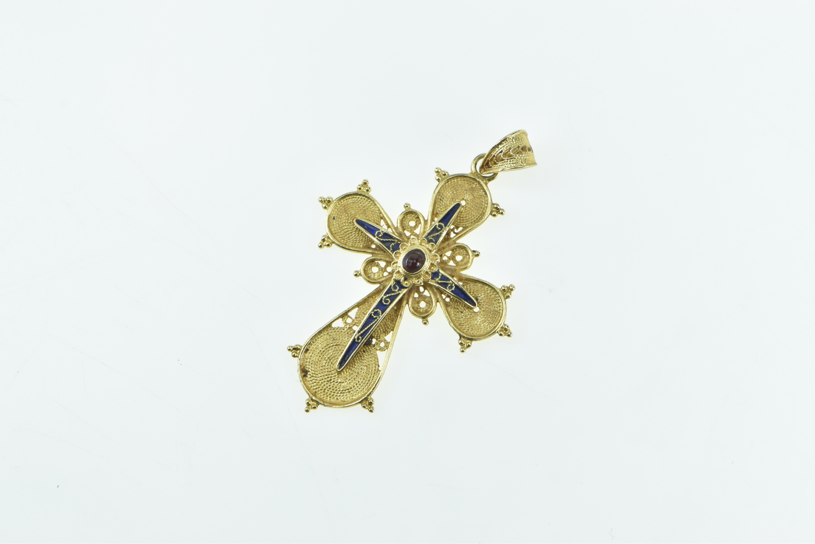 18K Oval Garnet Enamel Filigree Cross Christian Yellow Gold Pendant