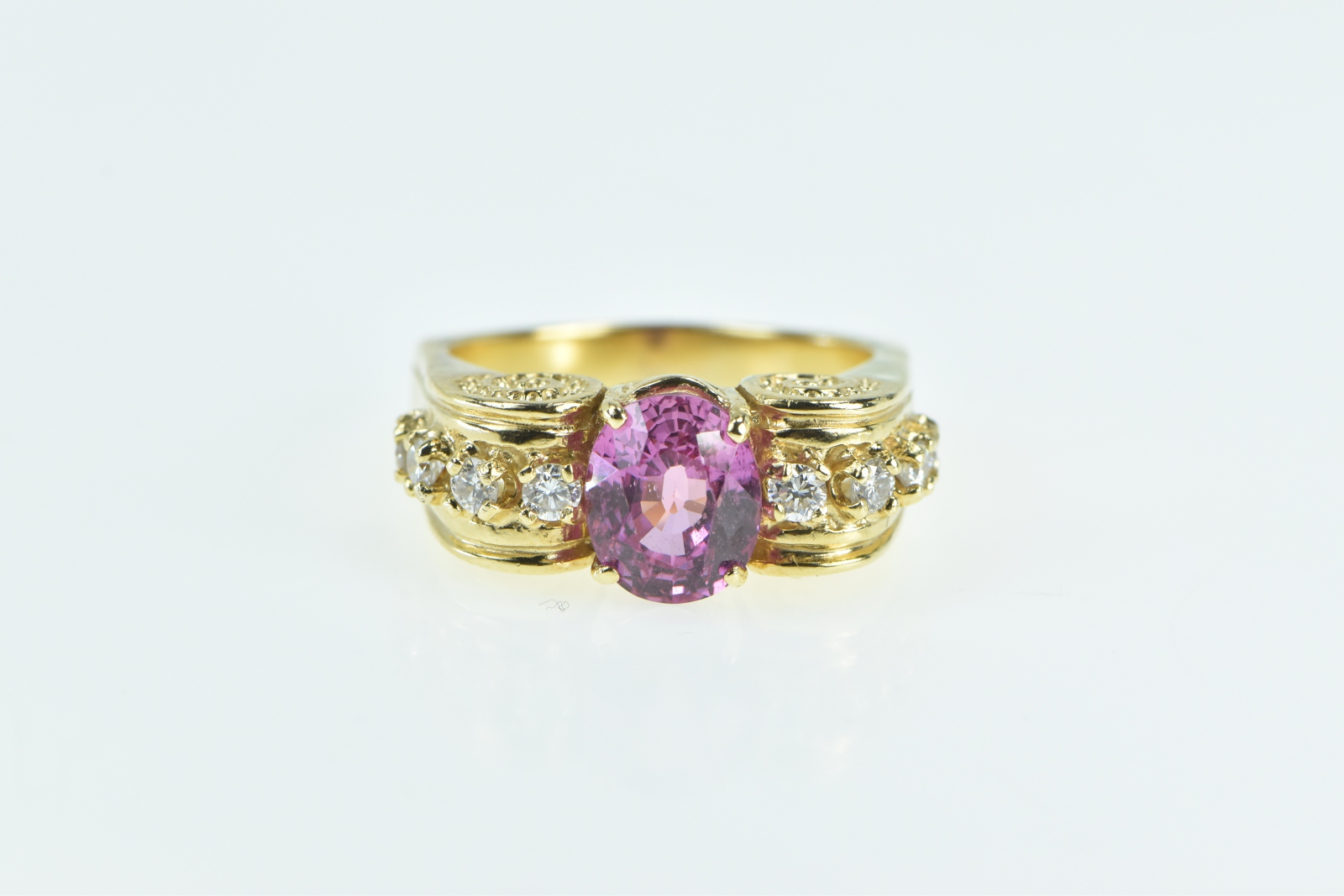 18K Oval Pink Sapphire Diamond Swirl Statement Yellow Gold Ring, Size 7.75