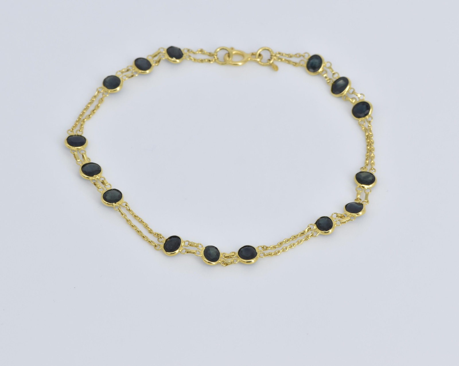 18K Oval Sapphire Vintage Layered Chain Statement Yellow Gold Bracelet 7"