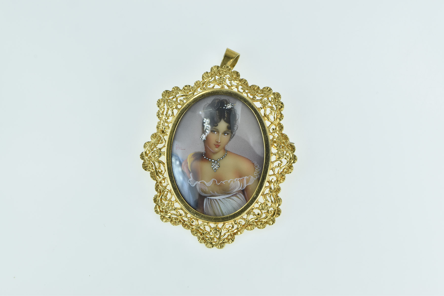 18K Painted Lady Gem Haired Ornate Filigree Yellow Gold Pin/Brooch