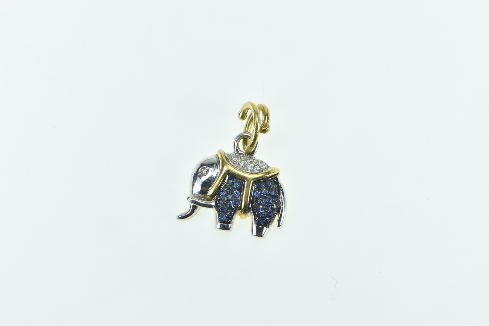 18K Pave Sapphire Diamond Two Tone Elephant White Gold Pendant