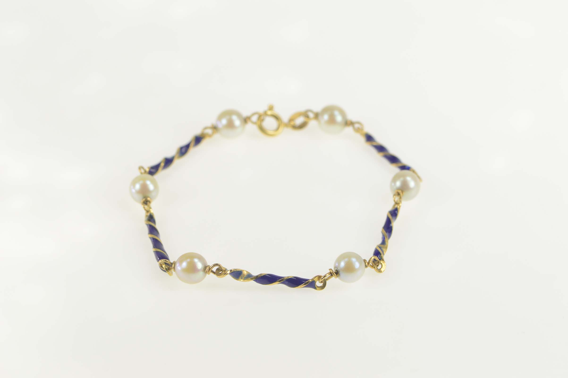 18K Pearl Blue Enamel Twist Bar Statement Yellow Gold Bracelet 7"