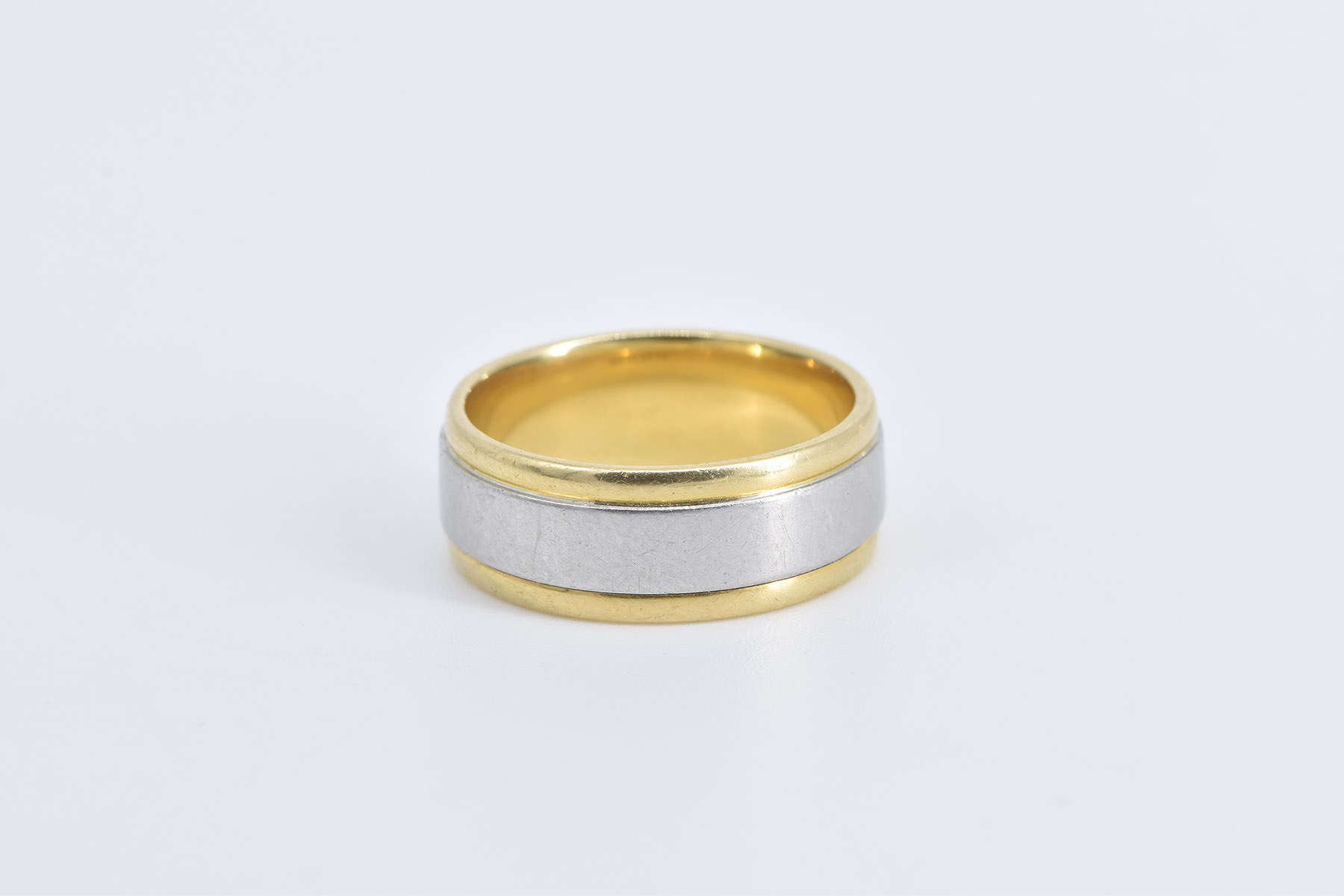 18K Platinum 7.6mm Men's Grooved Wedding Band Yellow Gold Ring, Size 7.75