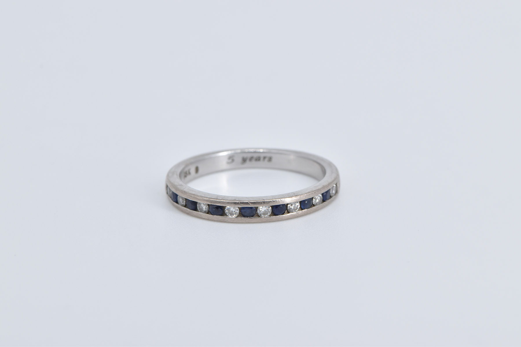 18K Sapphire Diamond Classic Wedding Band White Gold Ring, Size 7.25