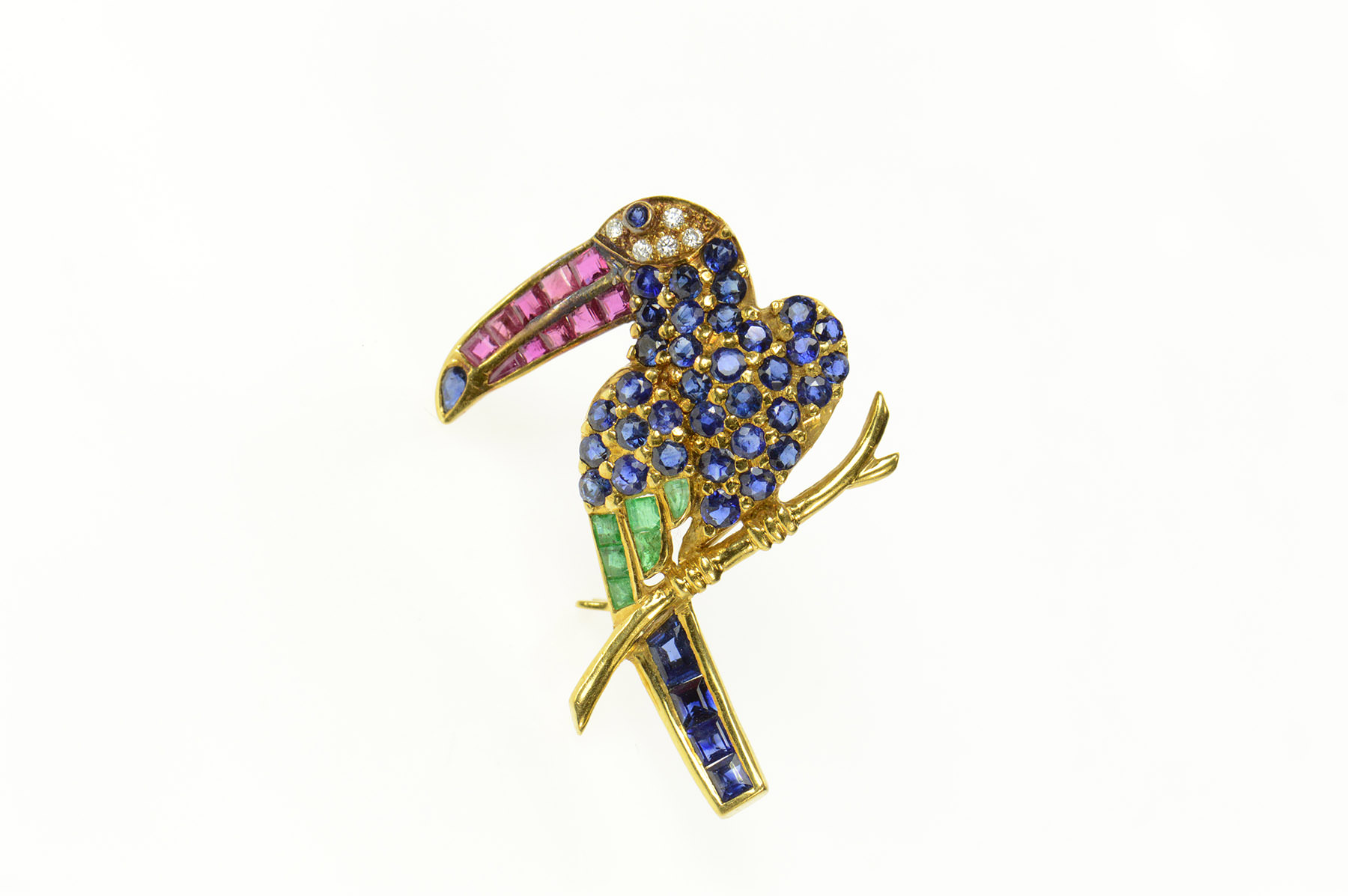 18K Sapphire Diamond Ruby Emerald Parrot Yellow Gold Pin/Brooch