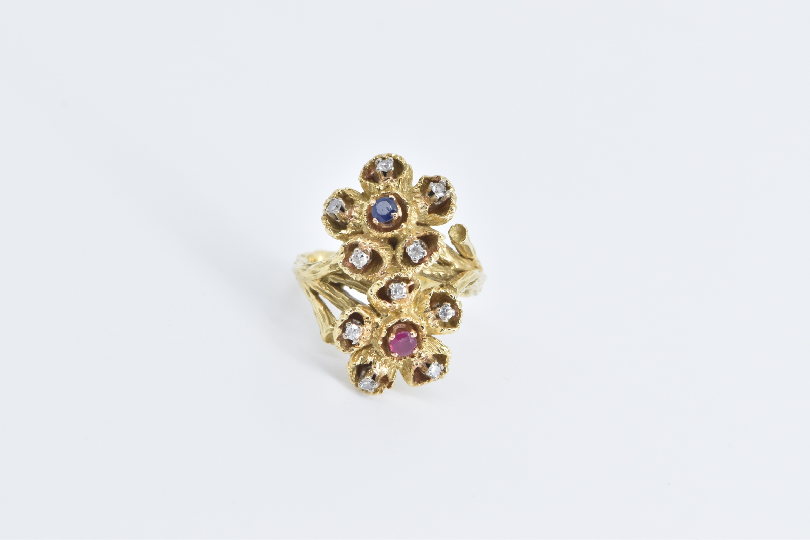 18K Sapphire Ruby Diamond Flower Cluster Vintage Yellow Gold Ring, Size 5.75