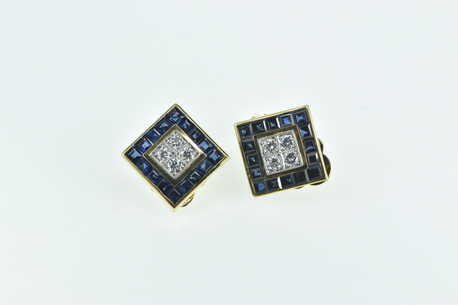 18K Square Diamond Sapphire Statement Clip Yellow Gold Earrings