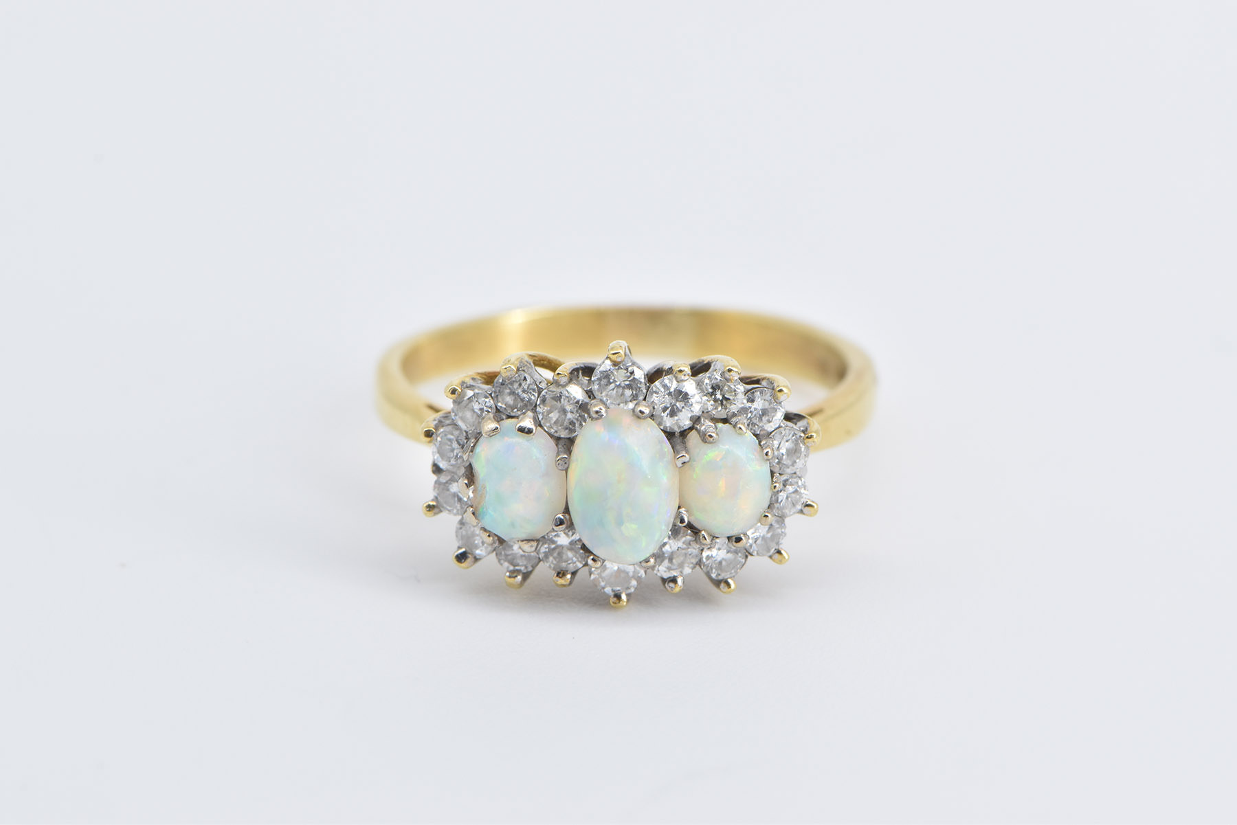 18K Three Stone Opal Diamond Halo Statement Yellow Gold Ring, Size 7.5