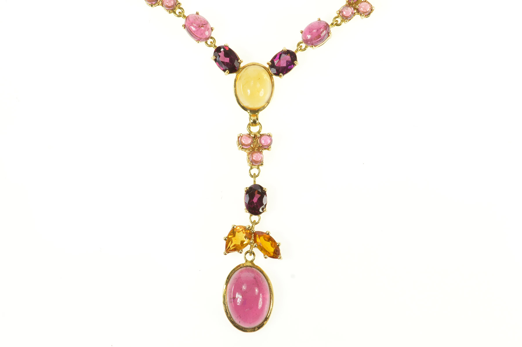 18K Tourmaline Citrine Floral Drop Statement Yellow Gold Necklace 17"