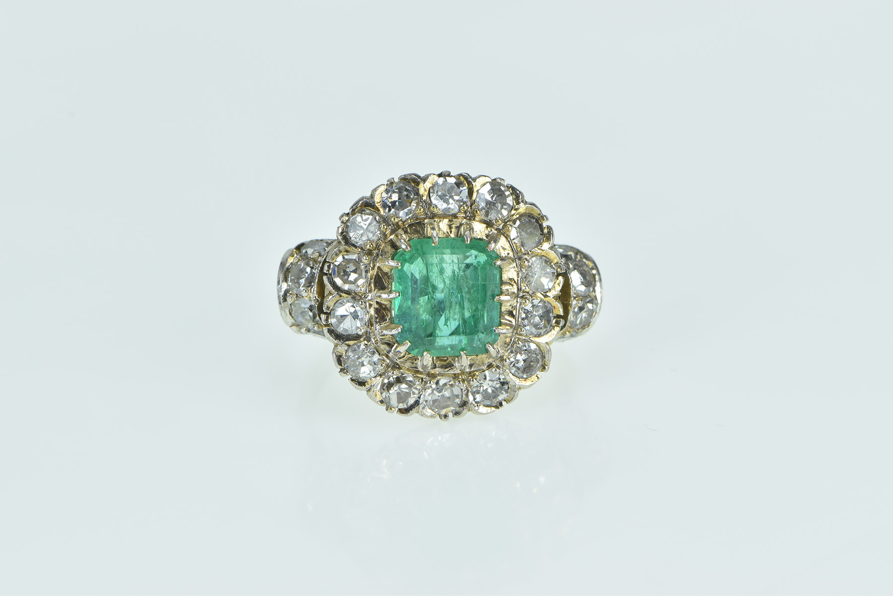 18K Victorian 3.00 Ctw Emerald Diamond Engagement White Gold Ring, Size 6.75