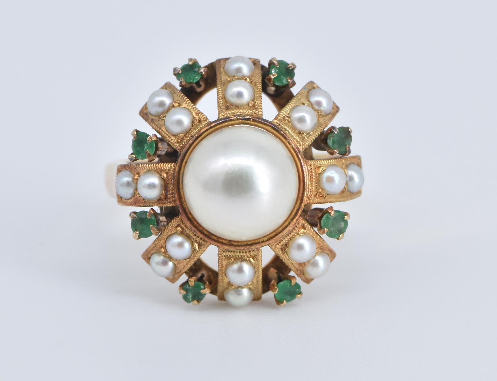 18K Victorian Pearl Emerald Flower Cocktail Yellow Gold Ring, Size 7.25