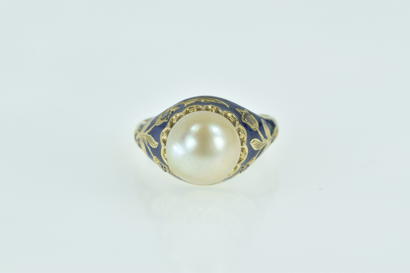 18K Victorian Pearl Enamel Rose Diamond Floral Yellow Gold Ring, Size 5.25