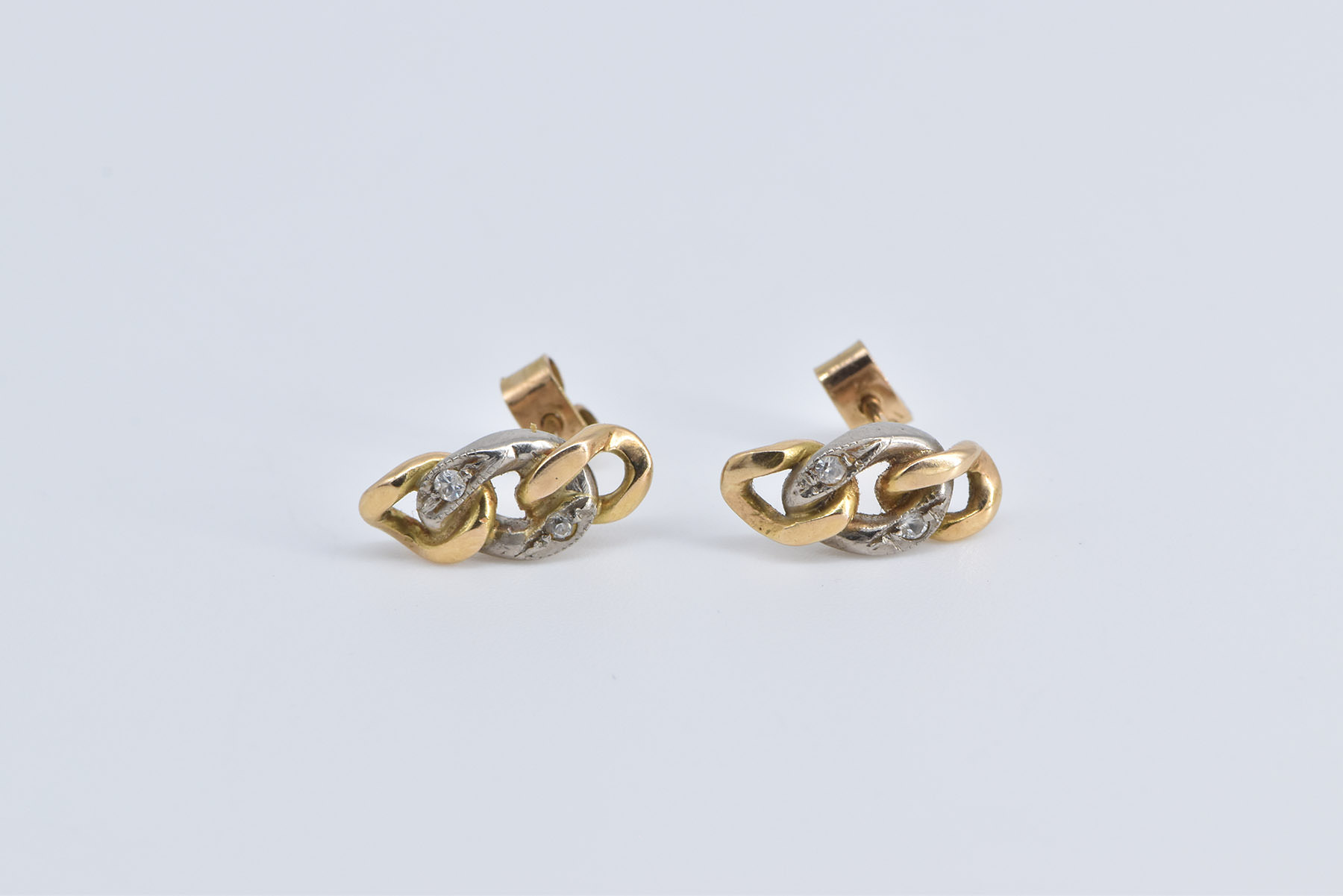 18K Vintage Diamond Two Tone Chain Stud Yellow Gold Earrings