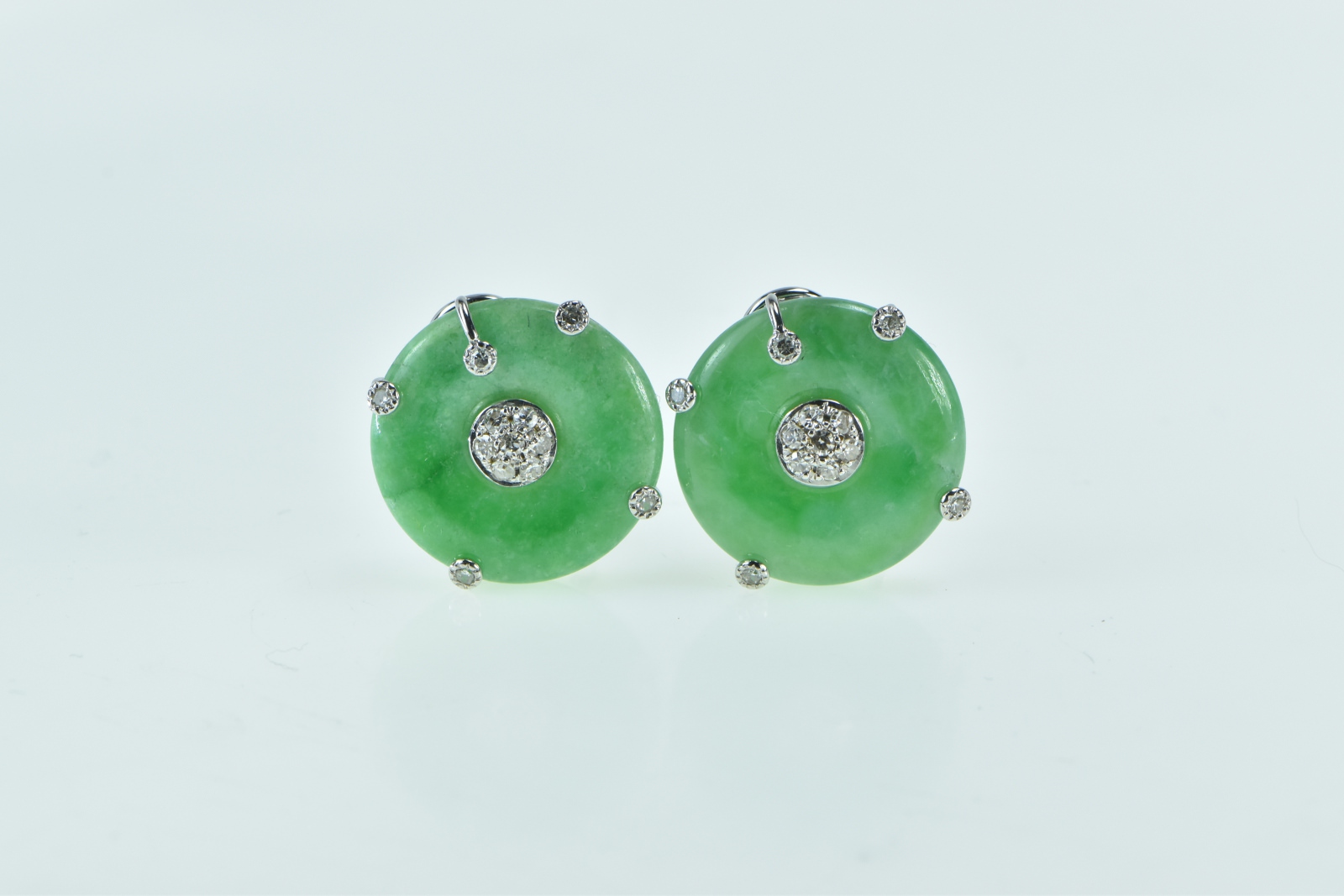 18K Vintage Jade Bi Diamond Cluster Clip Back White Gold Earrings