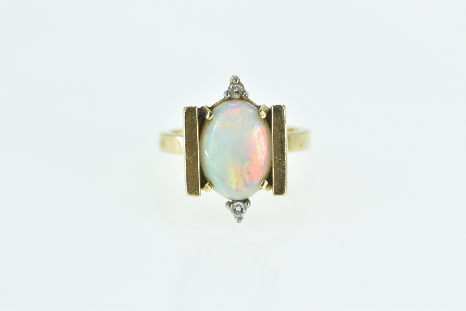 18K Vintage Natural Opal Diamond Statement Yellow Gold Ring, Size 5.75