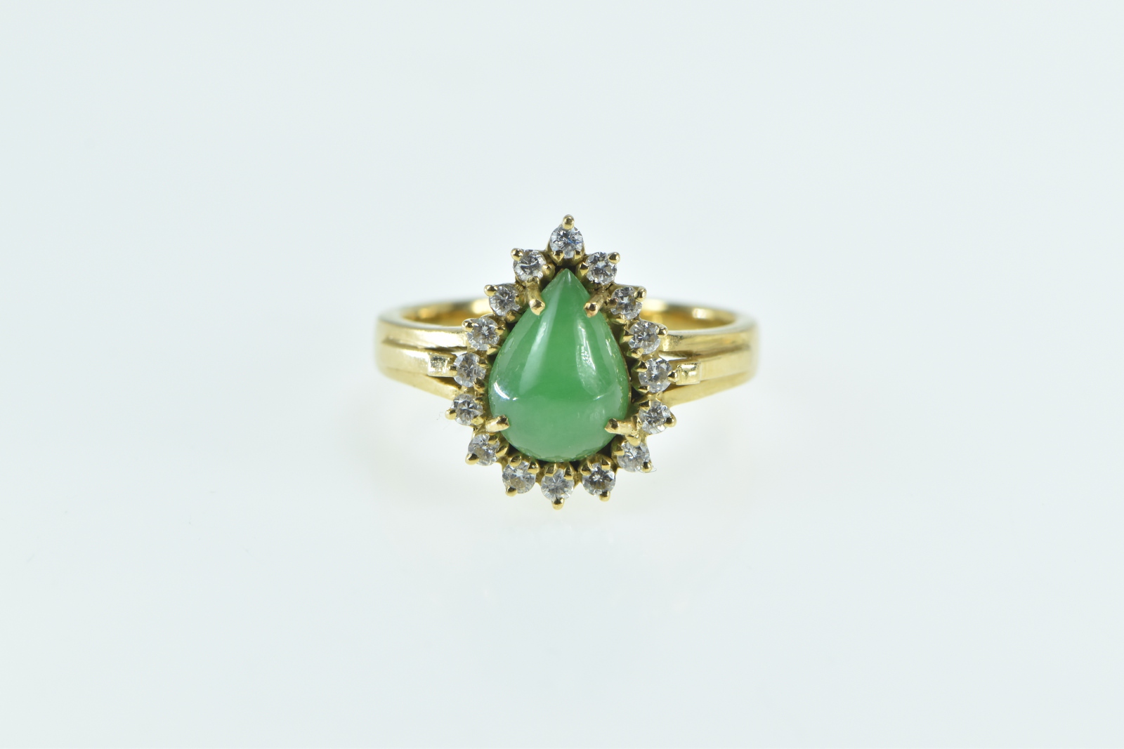 18K Vintage Pear Cut Jade Diamond Halo Engagement Yellow Gold Ring, Size 6.5