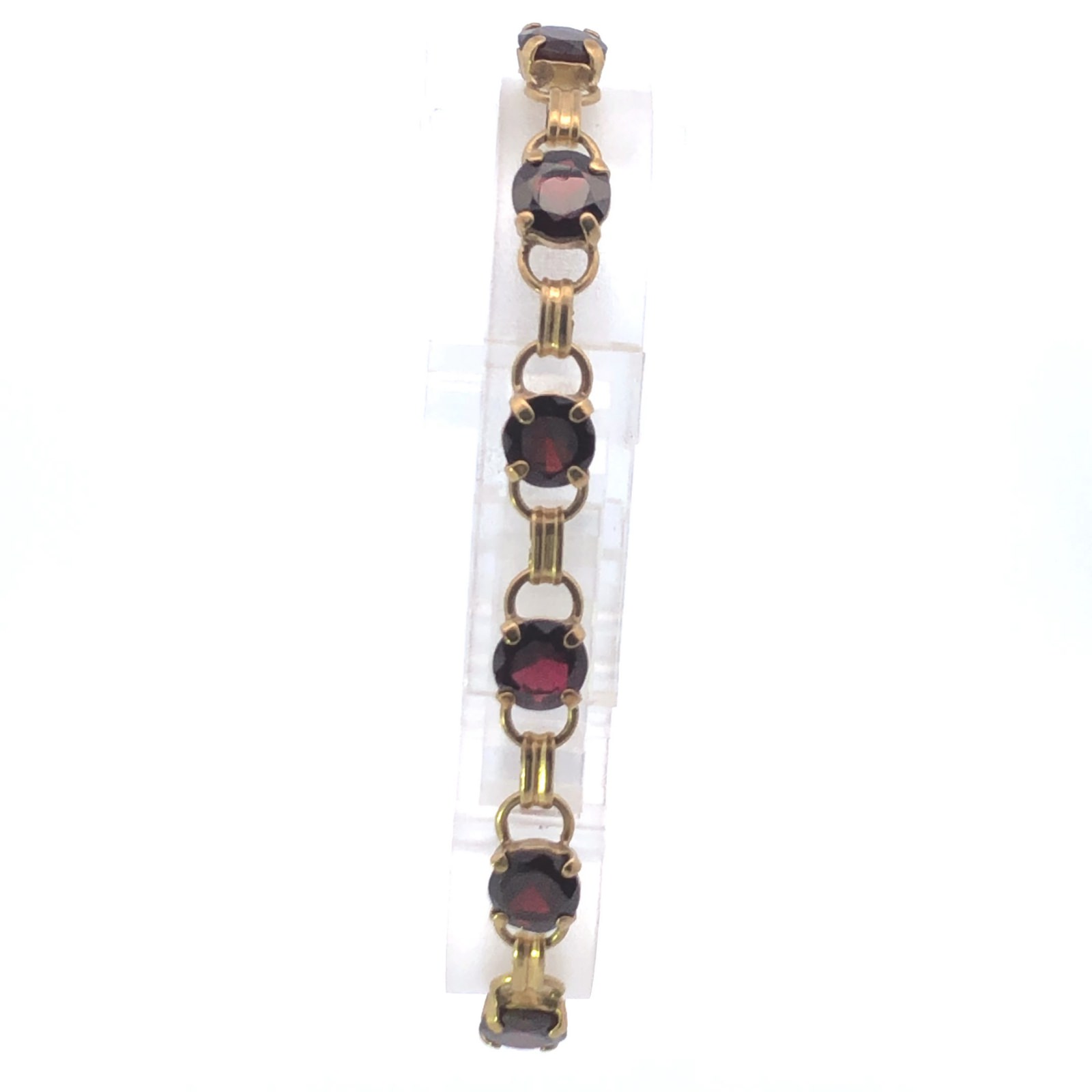 8K 1930's Round Garnet Vintage Ornate Chain Yellow Gold Bracelet 7.75"