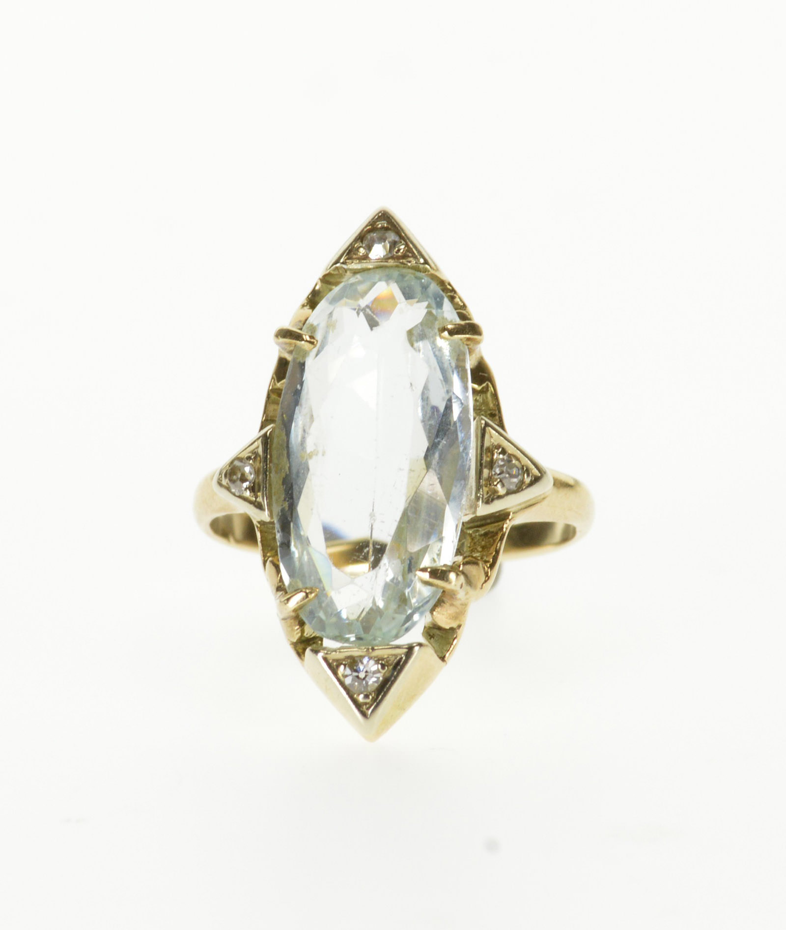 8K Oval Blue Topaz Pointed Diamond Accent Yellow Gold Ring, Size 3.25