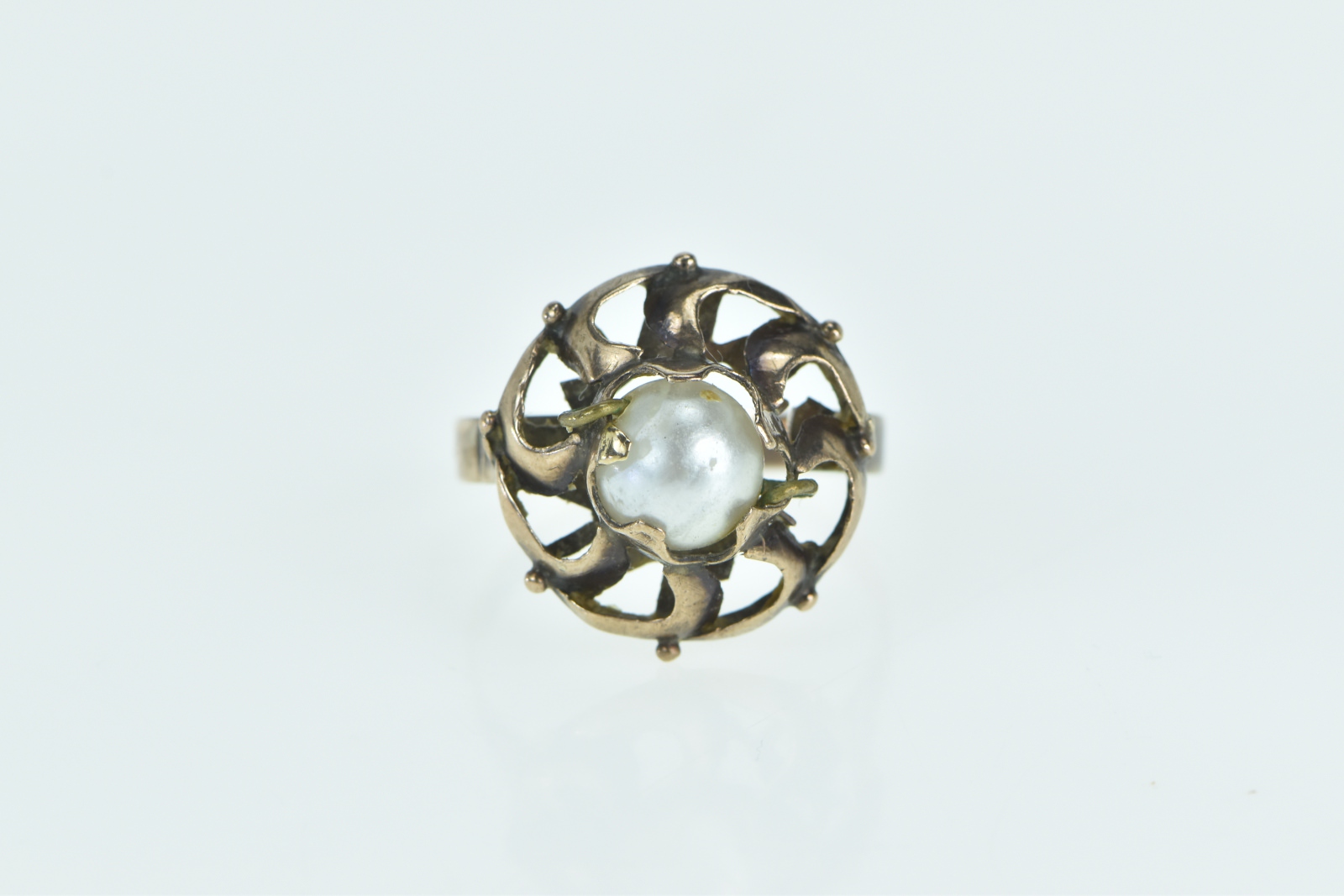 8K Victorian 7.6mm Pearl Swirl Ornate Cocktail Yellow Gold Ring, Size 9.5