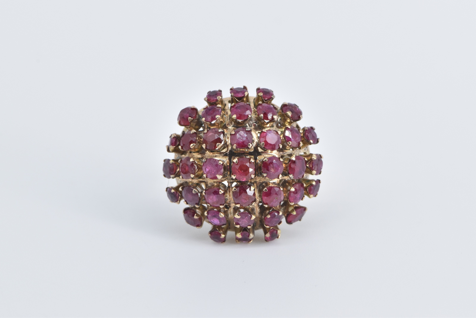 9K 1960's Domed Ruby Cocktail Sputnik Statement Yellow Gold Ring, Size 6.25