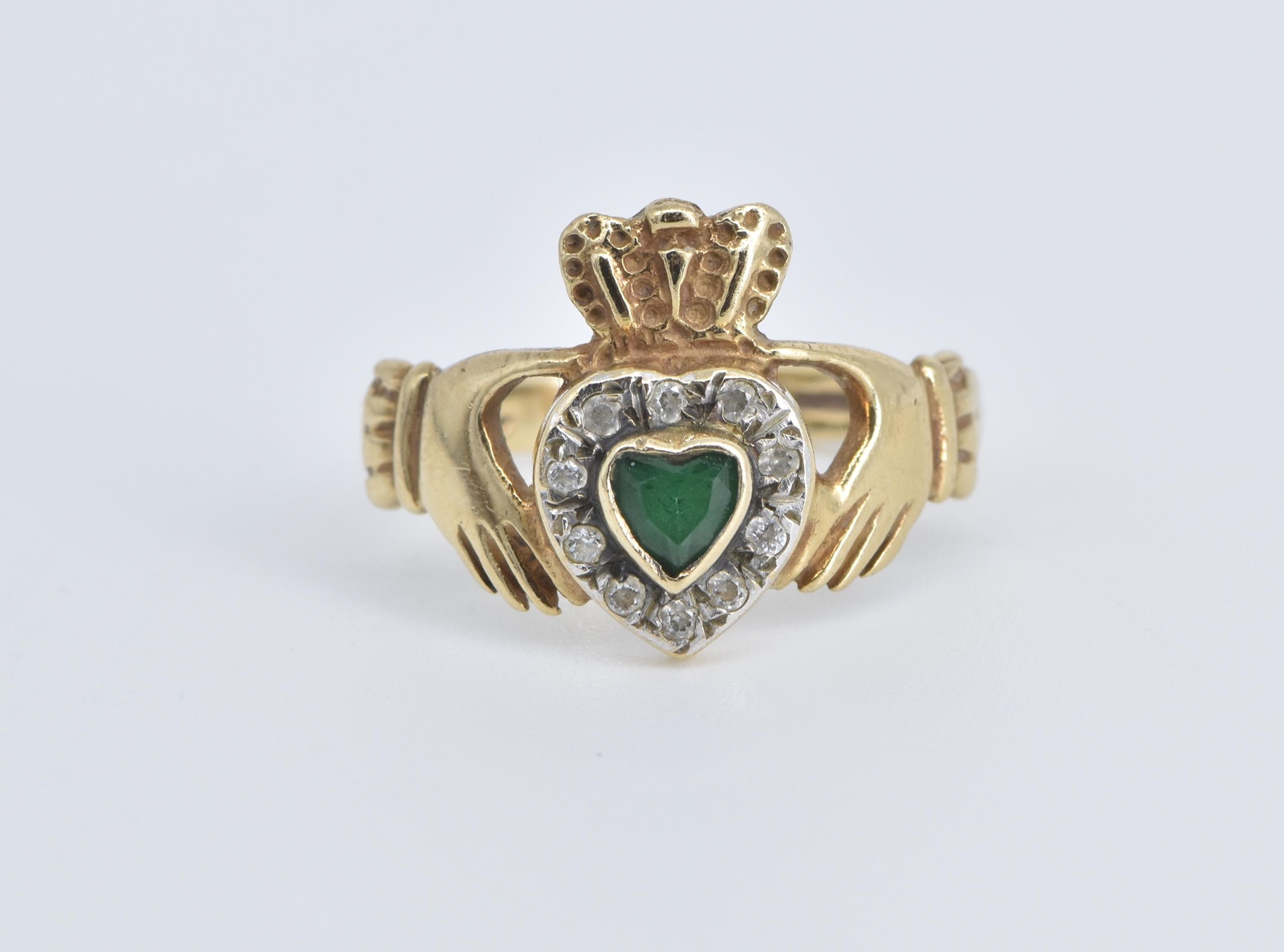 9K Heart Cut Emerald Diamond Claddagh Promise Yellow Gold Ring, Size 6.25